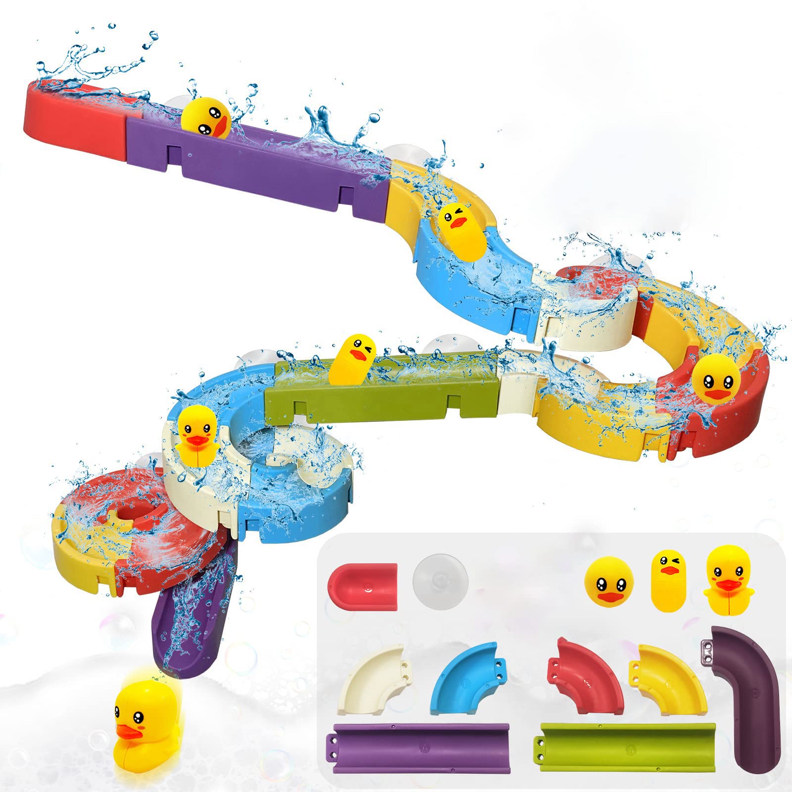 PATPAT® Assembly Toy for Kids Color Sliding Rail Toy Water Sliding Toy with Mini Duck Toys Suction Cup Mounting Rail Toy Sensory Toy DIY Bath Toy for Kids Age 3+ Birthday Gift, Children's Day Gift