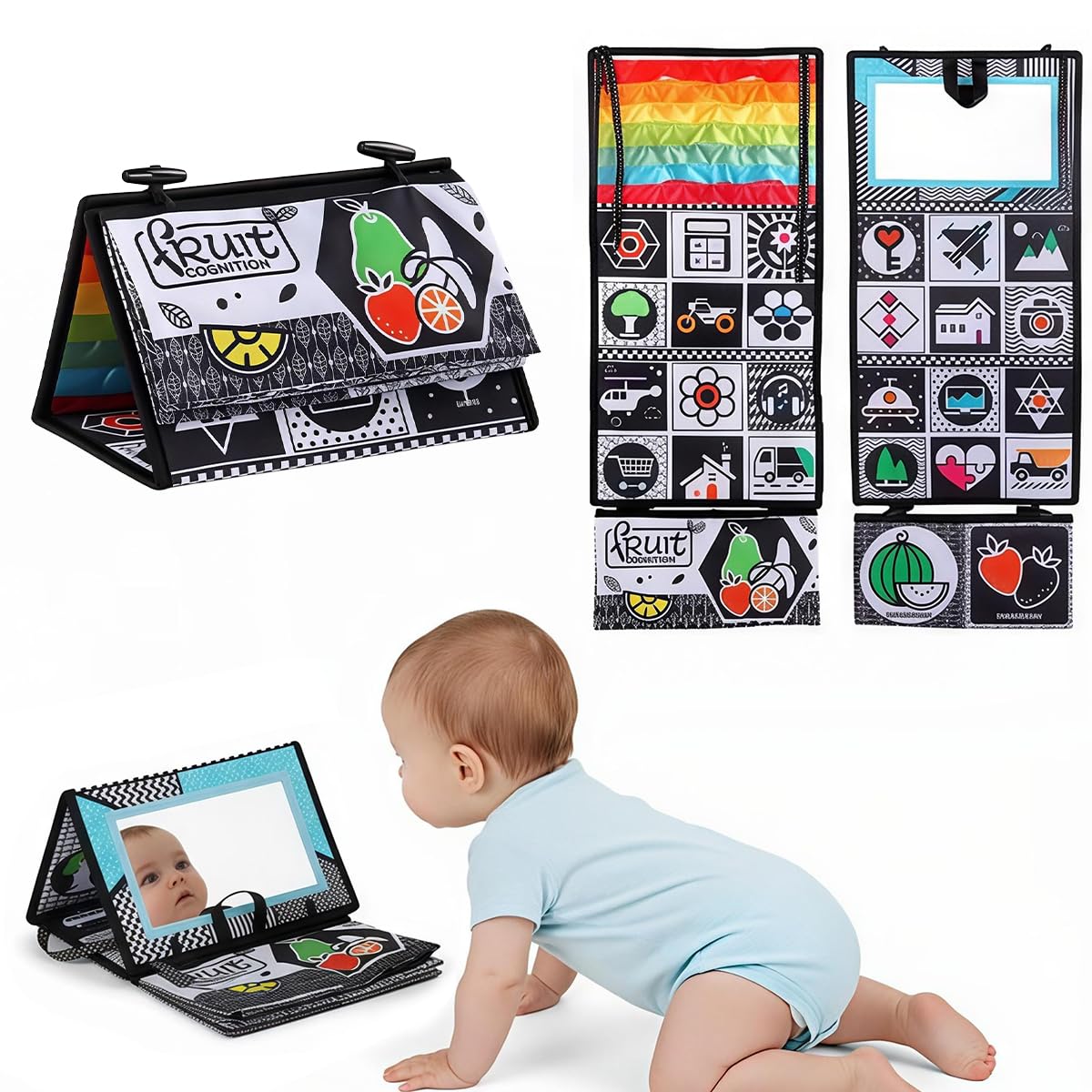 SNOWIE SOFT Baby Cloth Book Toy for Tummy Time with Crinkle Pages Mirror and Teether | Travel Friendly