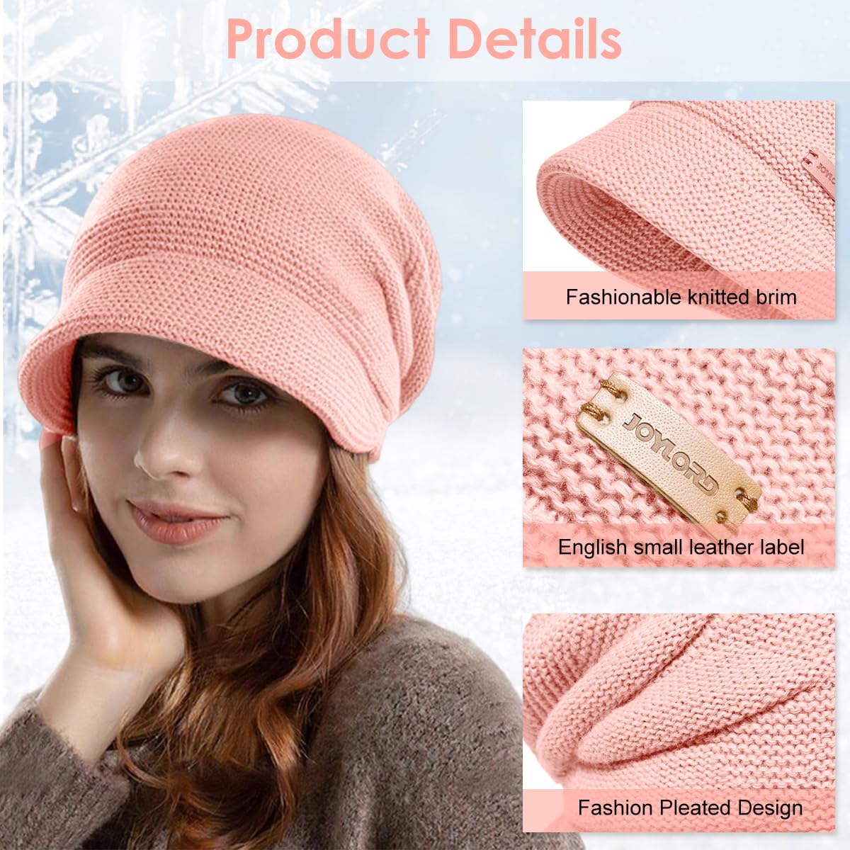 SANNIDHI Winter Cap for Women with Plush Lined Knit and Short Brim | Pink Slouchy Hat