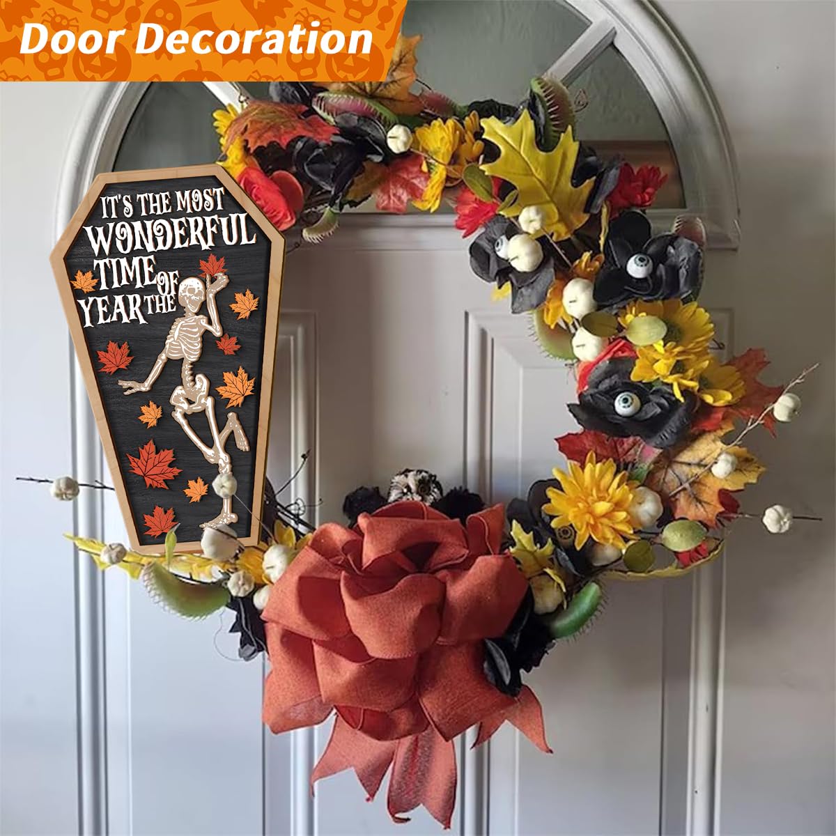 HASTHIP Halloween Desk Decor for Party and Home featuring Wooden Skeleton Coffin Panel 6.3x11.8cm