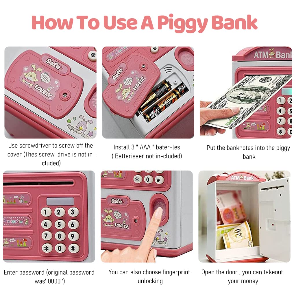 PATPAT® Electronic ATM Piggy Bank for Kids, Money Bank with Password and Fingerprint Lock, Automatic Paper Money Saving Box with Music, Gift Toy for Kids Boys Girls Children's Day Gift, Pink