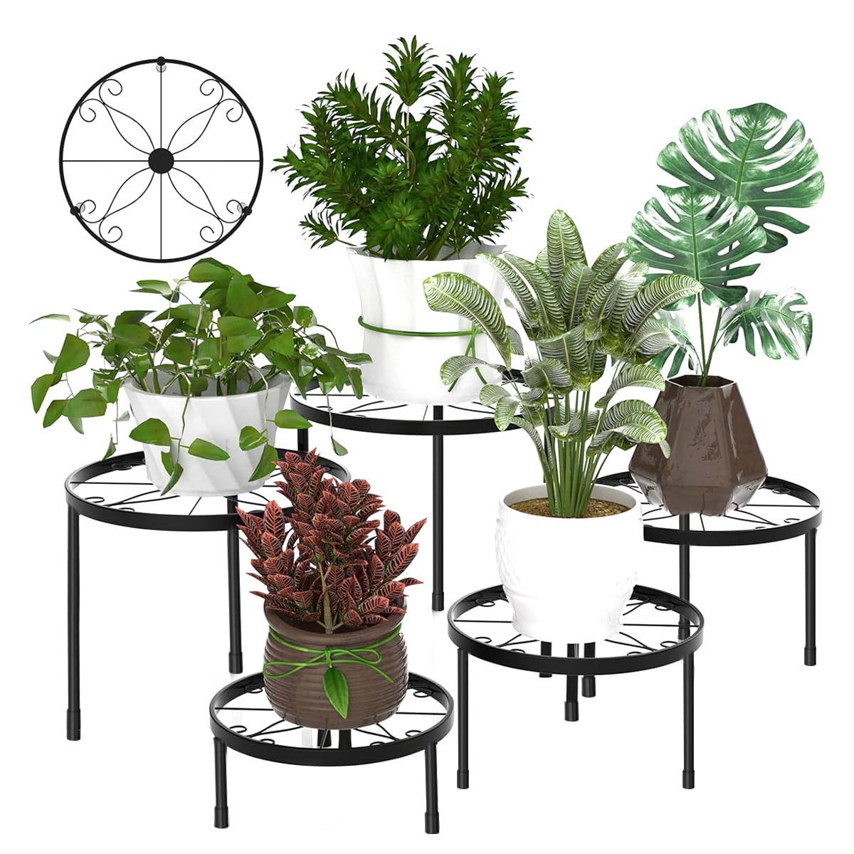 HASTHIP Round Metal Plant Stand for Indoor and Outdoor Display featuring 8.27–11.61 in Set of 5 | Heavy Duty Anti Rust Iron Planter Holder