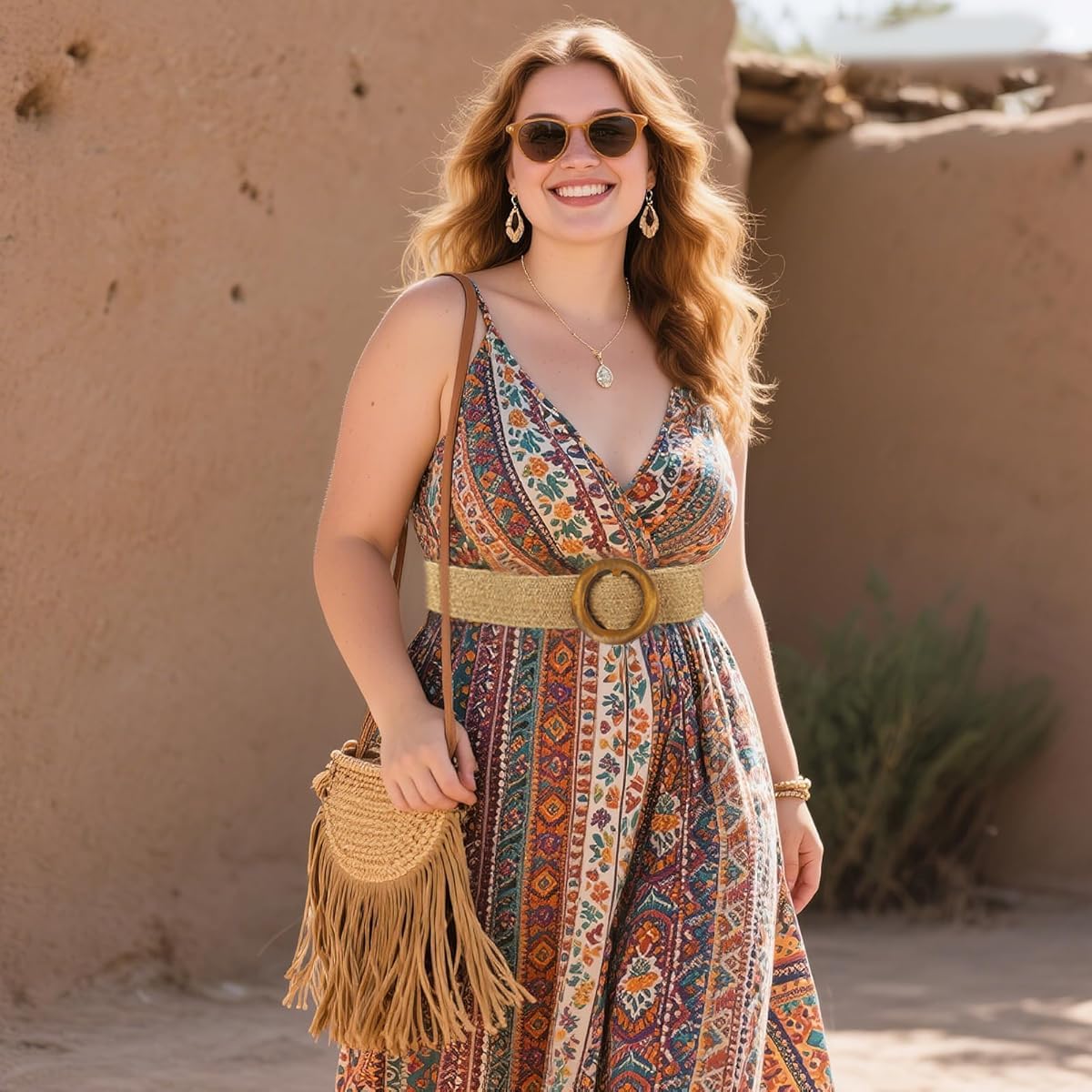 SANNIDHI Belt for Women featuring 37 in Adjustable Fit with Wooden Ring Buckle | Beige Woven Rattan Boho Waist Accessory