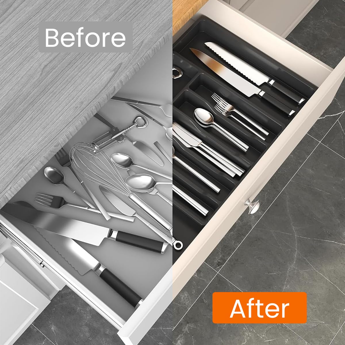 Supvox Kitchen Drawer Divider Organizer for Cutlery with 13–22.4 in Adjustable Length and 6 Compartments | PP Plastic Silverware Tray