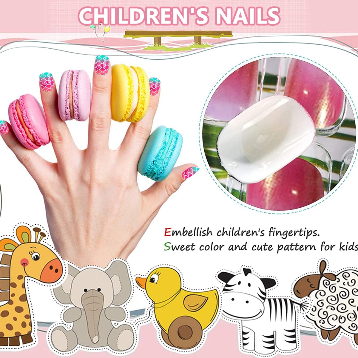 MAYCREATE® 120pcs Nail Art Kit for Kids, Children Fake Nails Artificial Nail Tips Girls Full Cover Short False Fingernails for Kids Little Girls Nail Art Decoration, Set of 5