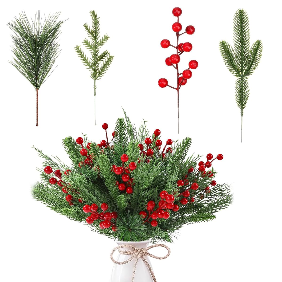 HASTHIP® 60Pcs Christmas Tree Ornaments Artificial Pines & Berry Combo Set Flourish Greenery Pine Christmas Ornaments DIY Christmas Garland Wreath Xmas Embellishing Flower