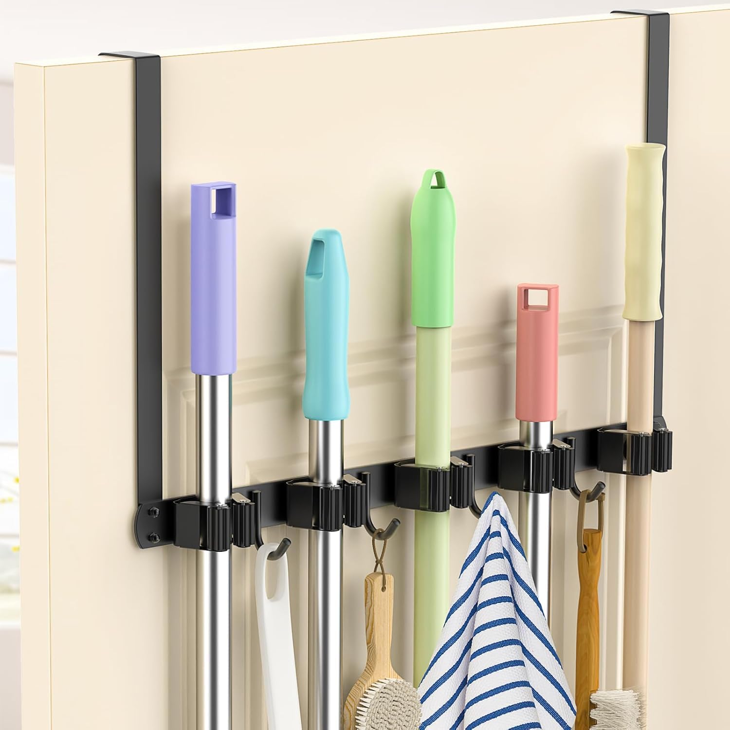Supvox Broom Mop Holder Wall Mount for Kitchen and Garage with 5 Racks 4 Hooks | Stainless Steel Organizer