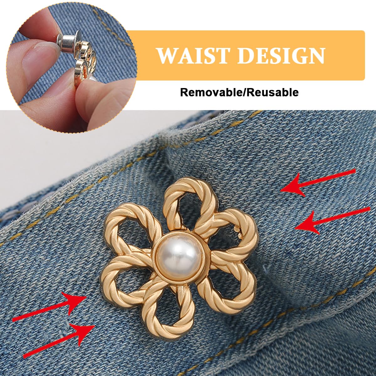 Venzina® 4 Pairs Adjustable Waist Buckle, Flower Jeans Button, Instant Pant Waist Tightener, Detachable Decorative Pin Buttons for Loose Jeans, Pants, Skirts