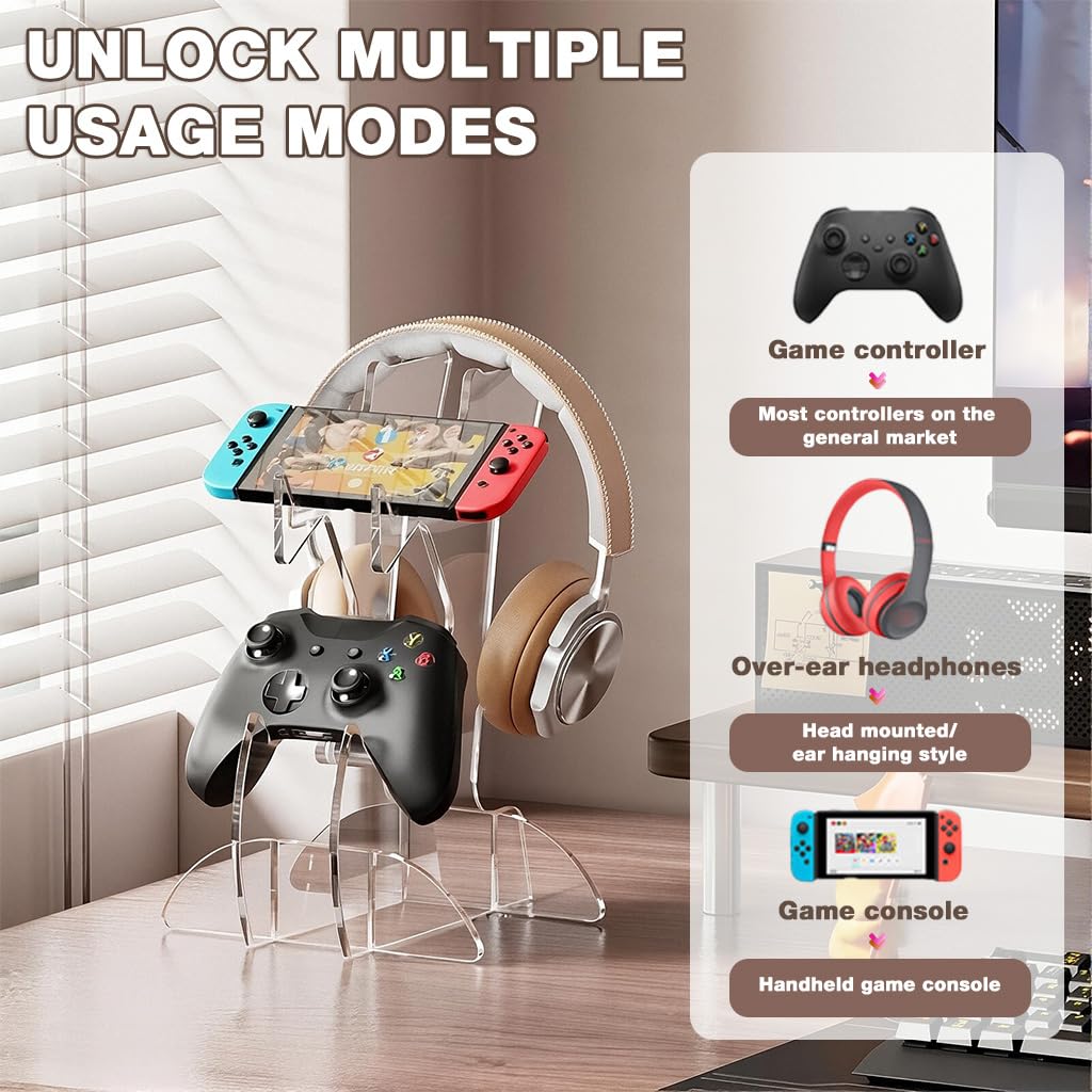 ZORBES Game Controller Headphone Stand with Dual Storage Rack and Clear Acrylic Design | Space Saving Desk Organizer