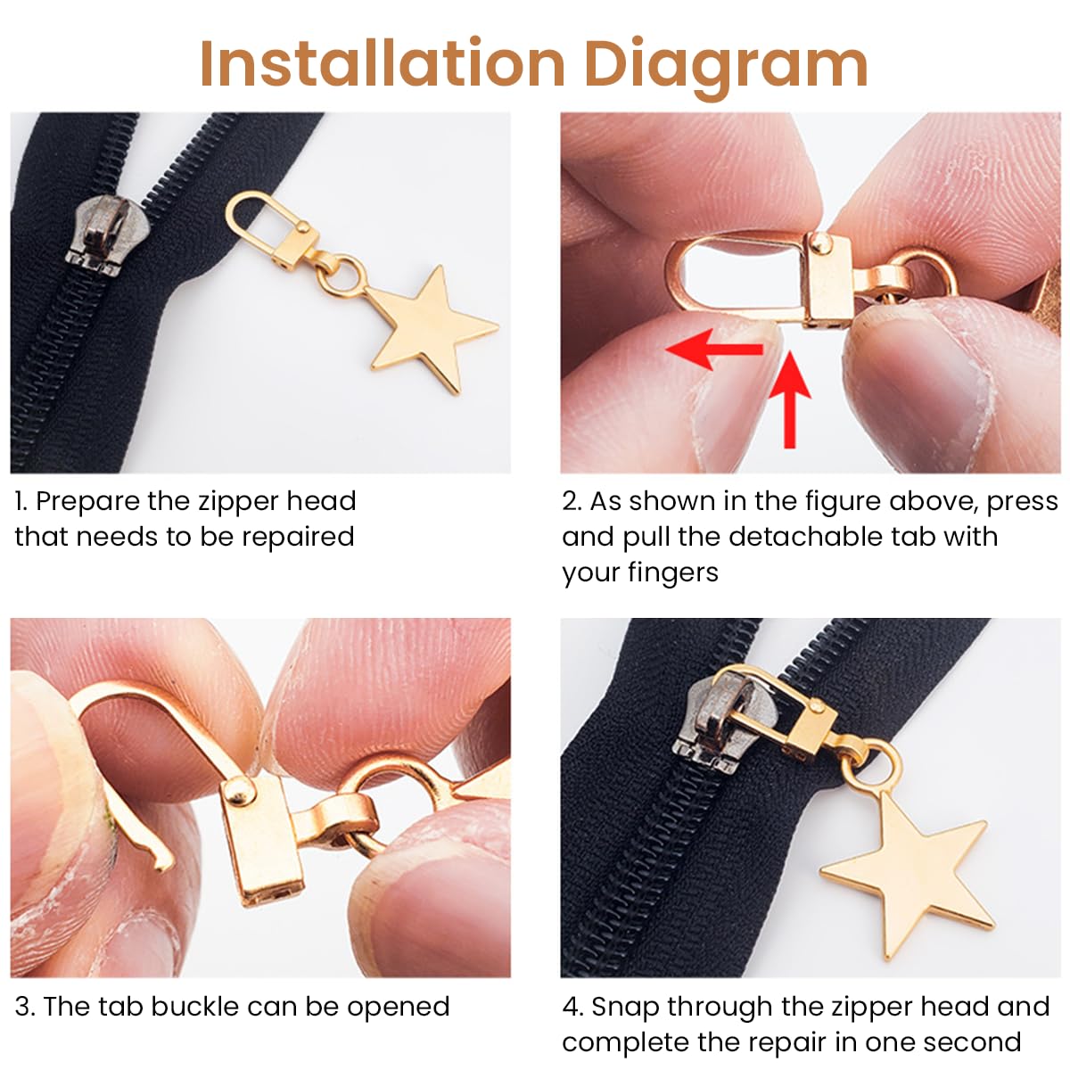 HASTHIP Metal Zipper Pull Replacement Set for Bags and Jackets with 9 Styles Gold Finish | 10pcs
