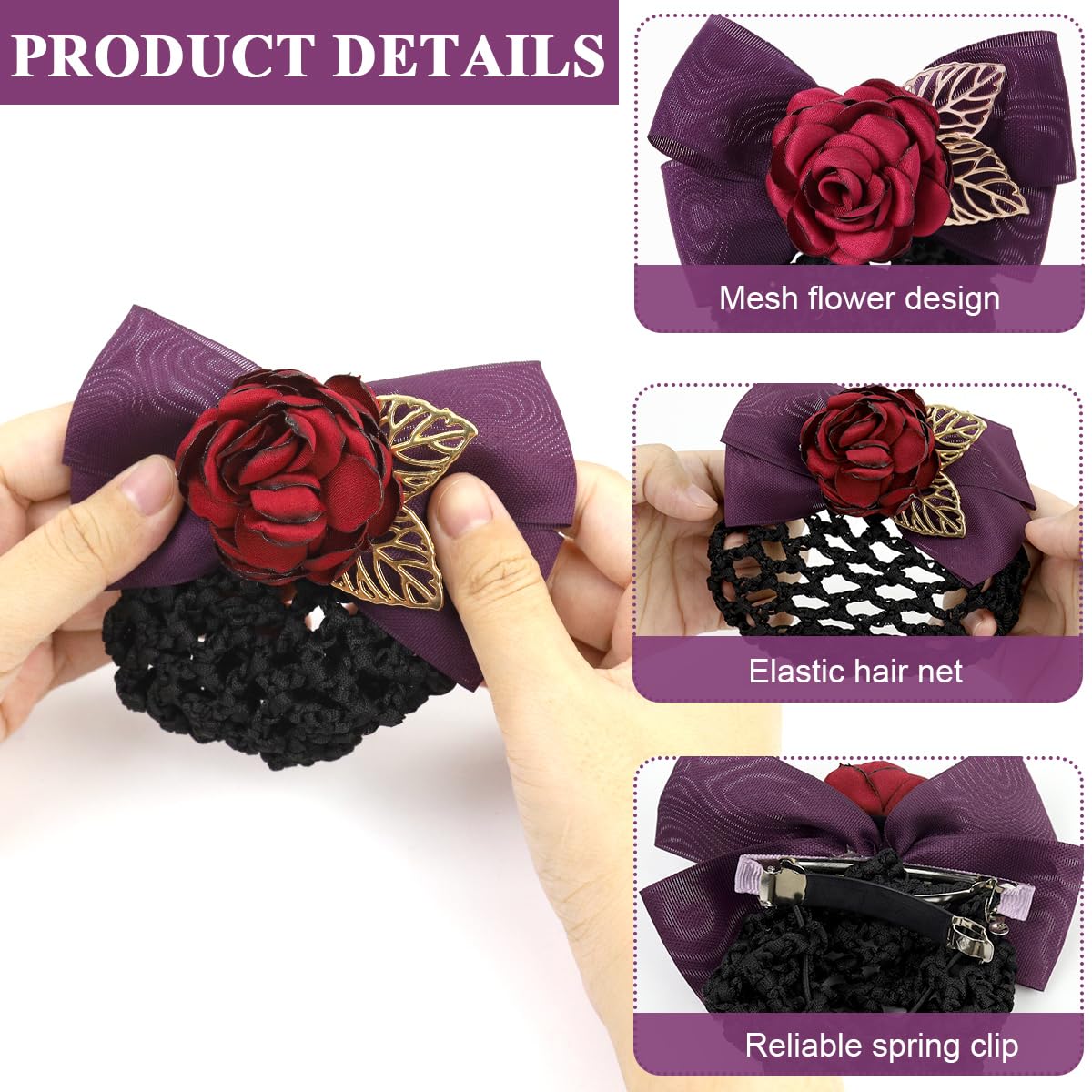 MAYCREATE Hair Bun Net for Women with Floral Rose Bowknot Clip | 2 PCS Mesh Snood Accessory