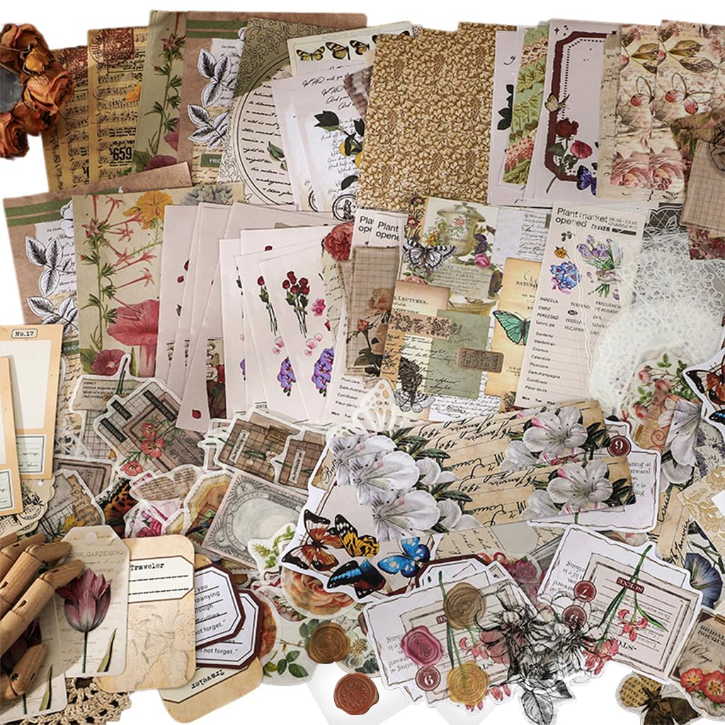 HASTHIP® 260Pcs Sheets Vintage Journaling Supplies, Scrapbook Paper Kit Aesthetic Floral & Vintage Elements, Washi Tape, Stickers, Material Papers, PET Stickers for Junk Journals Planner Retro Craft