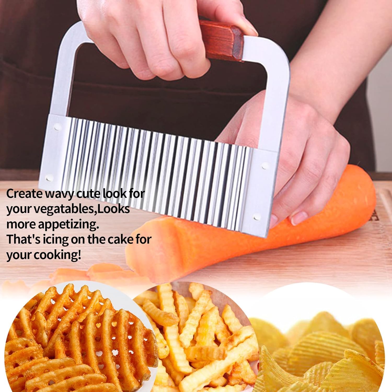ZIBUYU Potato Crinkle Cutter for Homemade Fries with Corrugated Blade 18.5x12cm | Stainless Steel and Wooden Handle