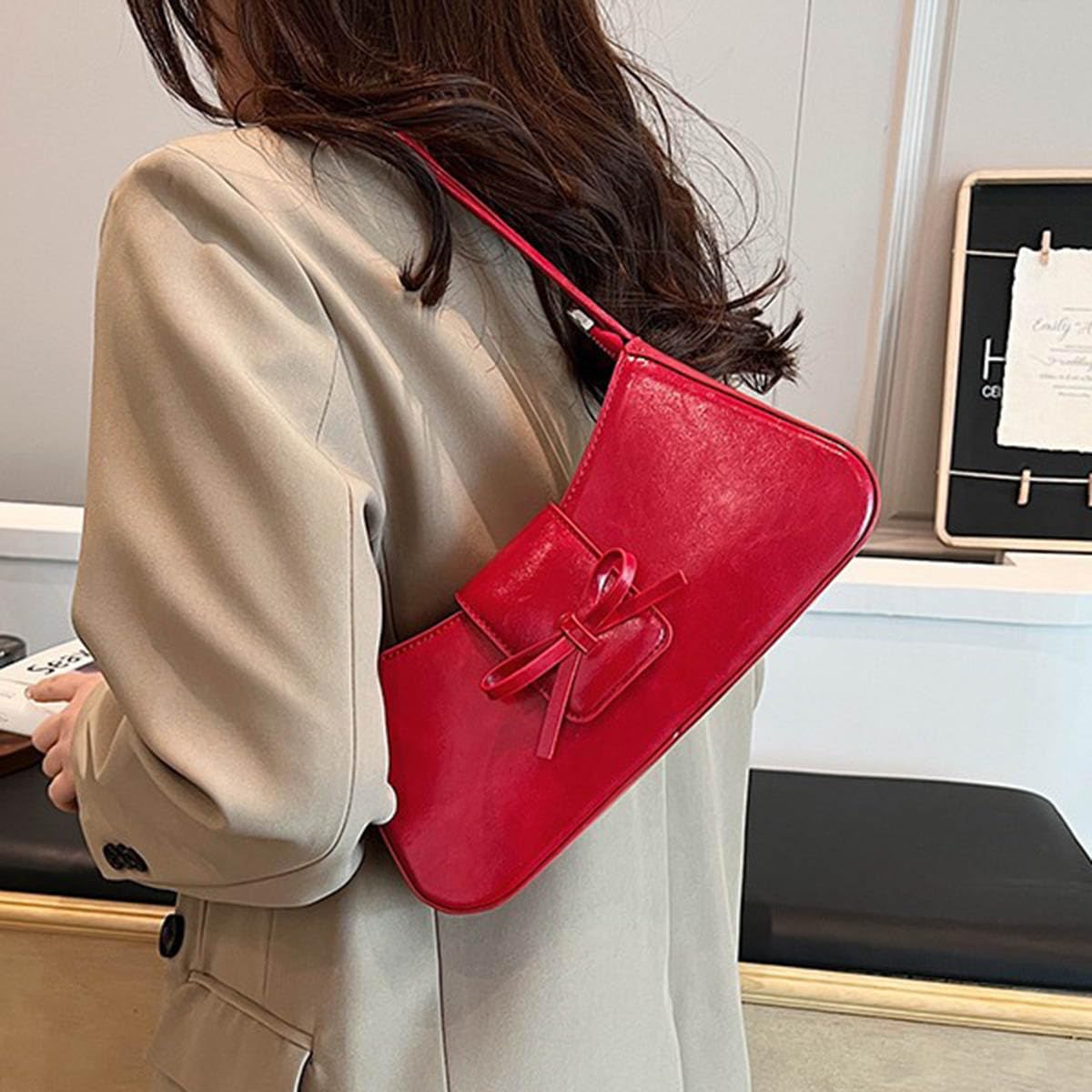 PALAY Shoulder Bag for Women with Bow Charm and Dual Closure 27x14cm Glossy Red Purse