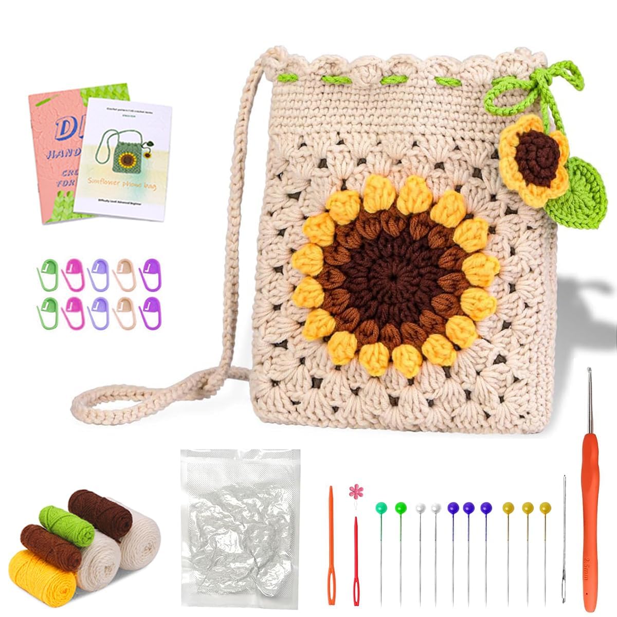 PATPAT DIY Crochet Phone Bag Material Kit for Beginners with Sunflower Pattern and Yarn Tutorial | Light Green Sling Craft Gift Set