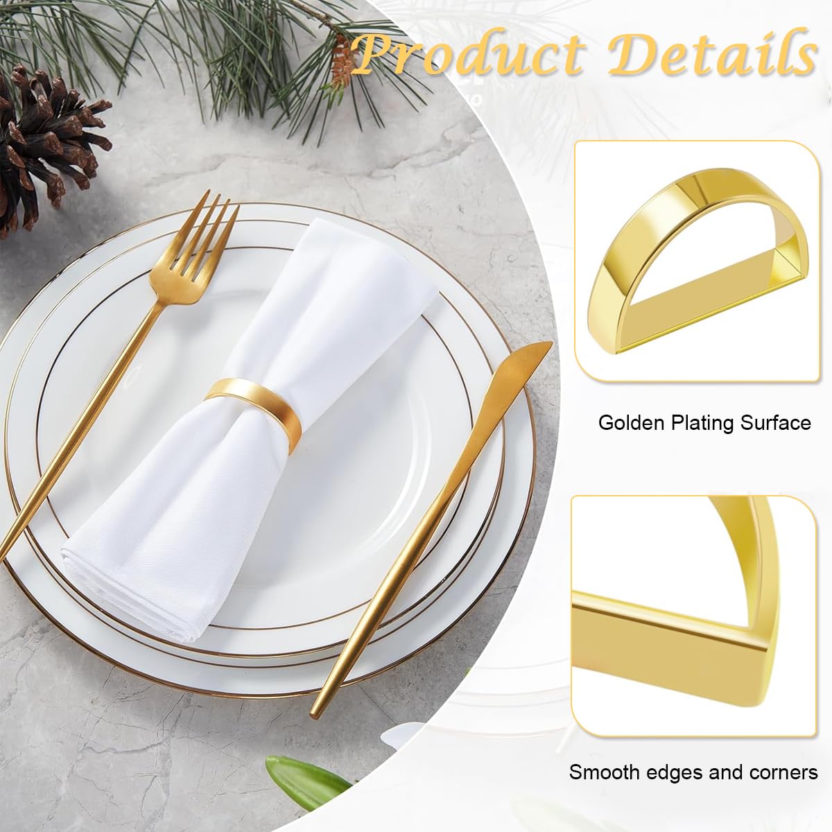 HASTHIP Napkin Rings for Wedding and Banquet with 36PCS Semicircle Design | Golden Stainless Steel Holders