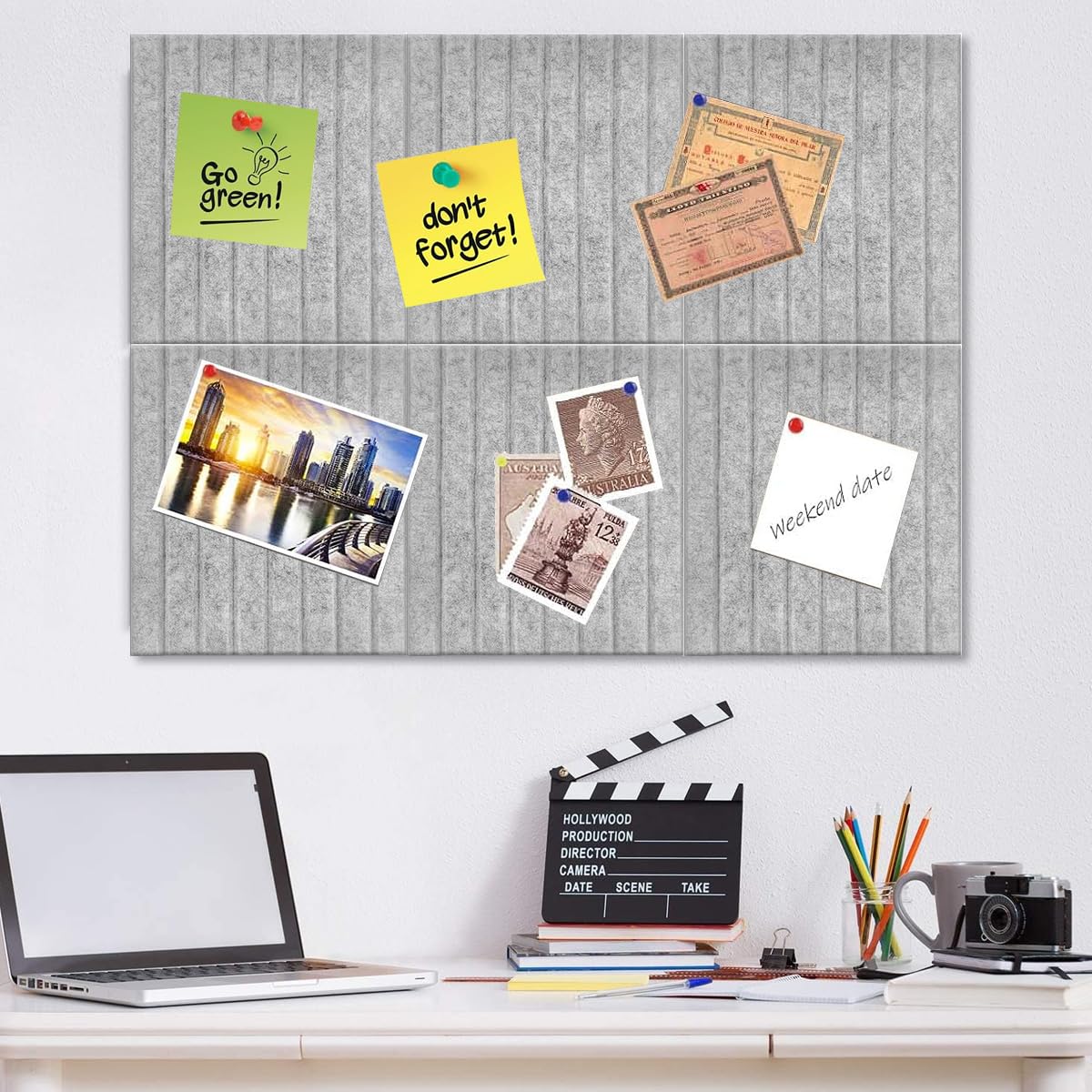 Climberty Felt Bulletin Board Set for Home and Office with 30x30cm Panels and 50 Pins | Self-Adhesive Grey Organizer