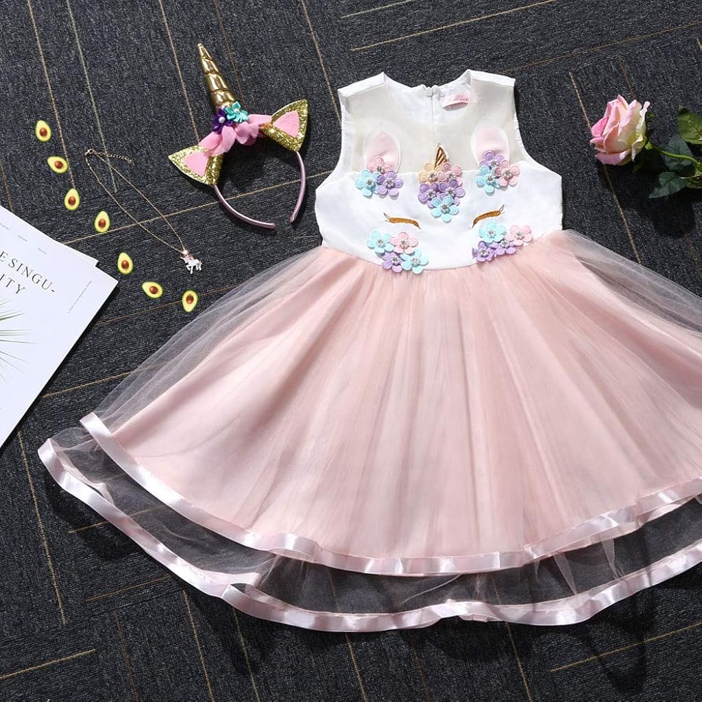 PATPAT Unicorn Princess Dress for Girls 4–6 Years with 65cm Length and Lace Hem | Pink Cotton Dacron Party Outfit