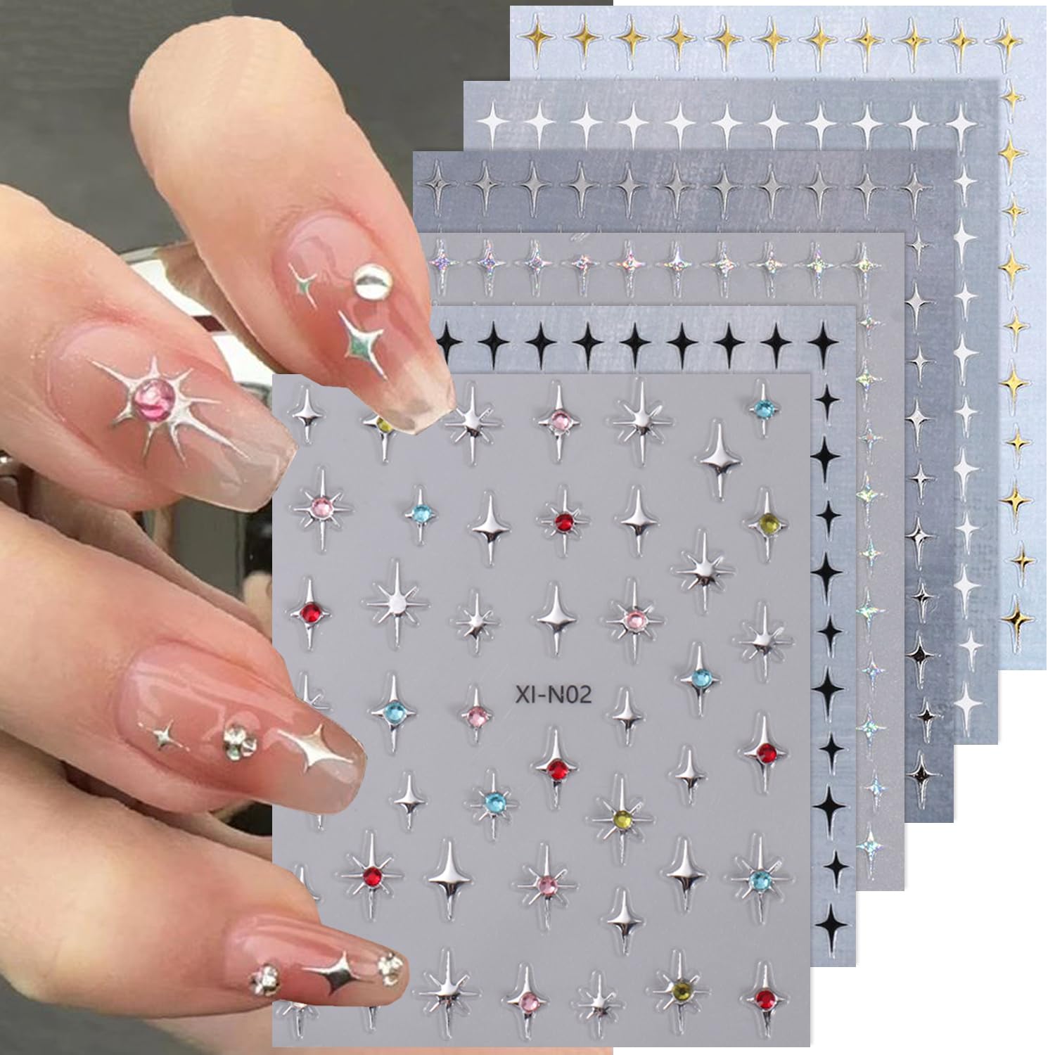 MAYCREATE® 6 Sheets Star Nail Stickers Y2K Nail Art Decal Stickers, 3D Galaxy Stars Nail Art Design Decals Self-Adhesive Star Stickers DIY Nail Decals Nail Tips for Nail Extension Decoration