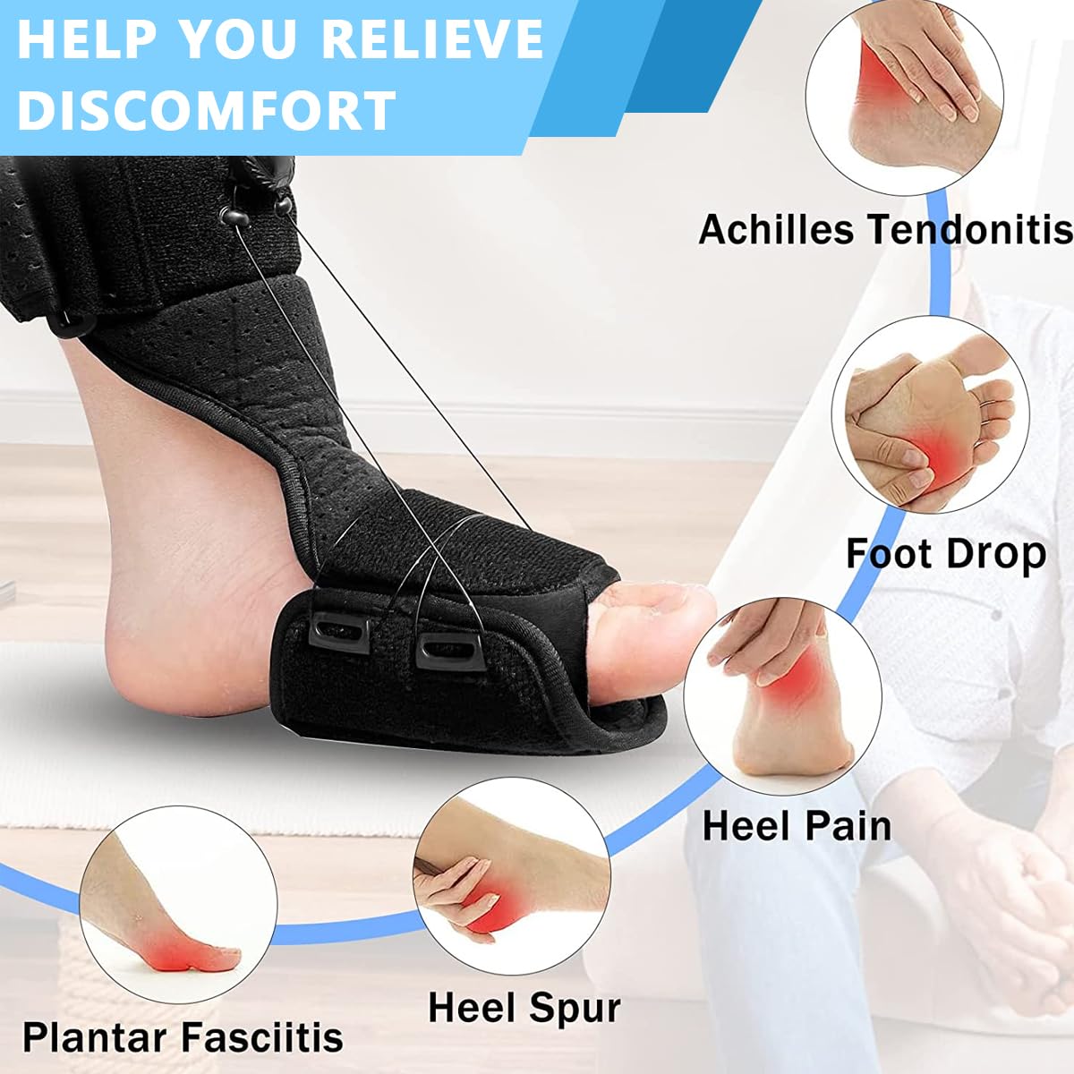 HANNEA Plantar Fasciitis Night Splint for Heel Pain Relief with 30°–100° Adjustable Knob System