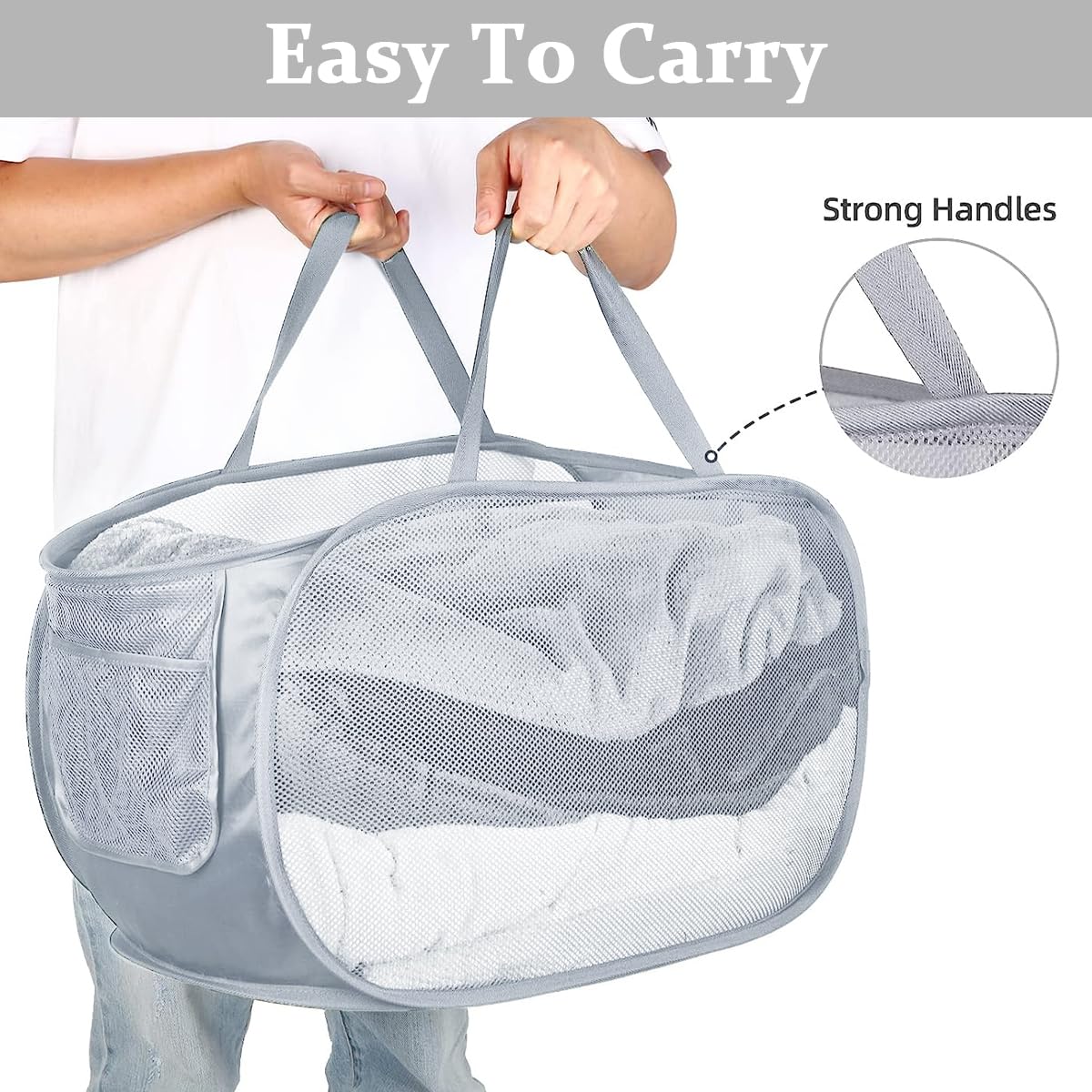 HASTHIP Laundry Basket for Dorms and Travel with Folding Elastic Frame Mesh Fabric | Grey