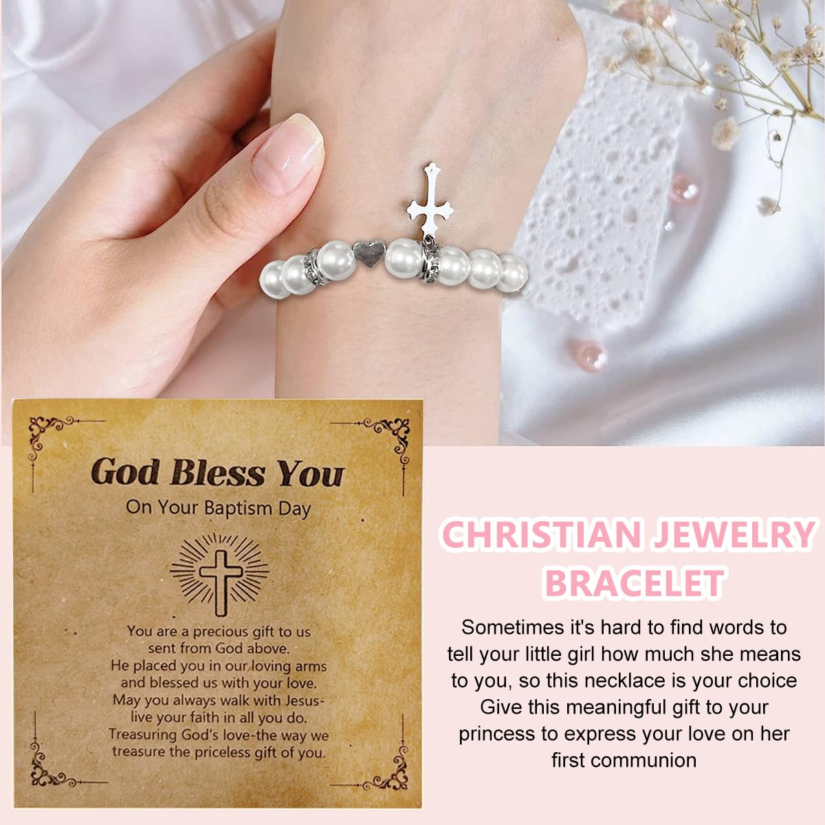 Venzina Pearl Bracelet for Girls featuring Cross Charm and Adjustable Fit | Christening Gift