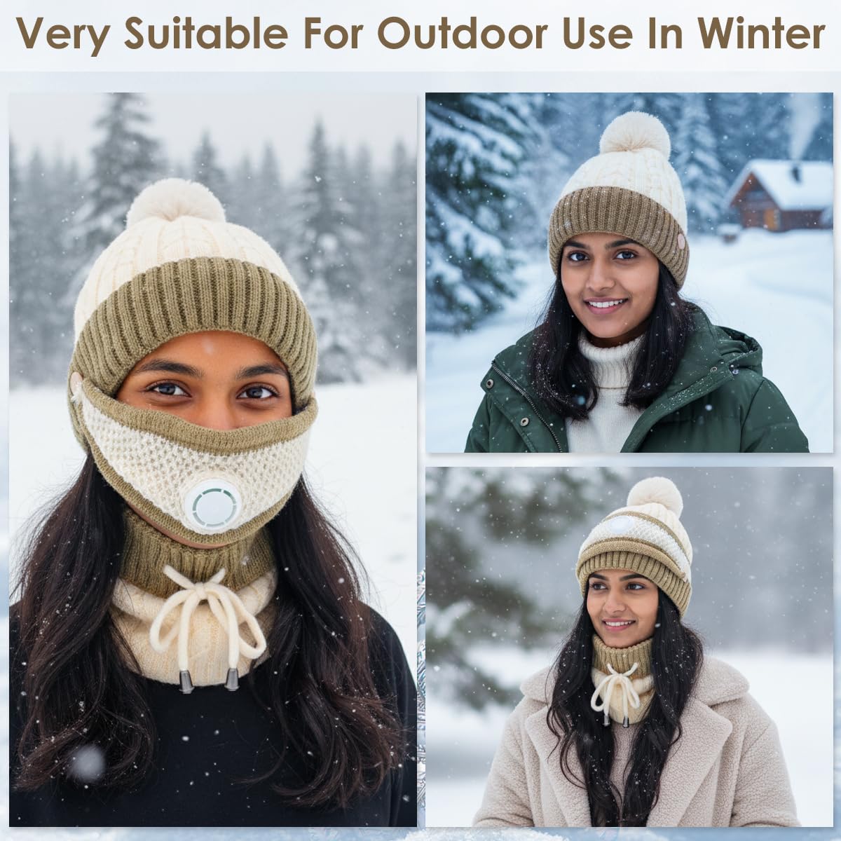 SANNIDHI Winter Cap for Women with Detachable Face Mask and Adjustable Neck Gaiter | Beige