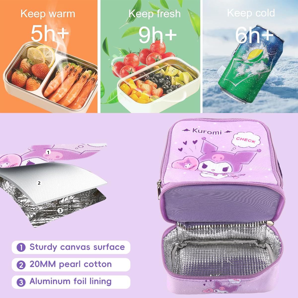 HASTHIP Lunch Box Carrier Bag for School with Double Layer Insulation and 600D Oxford | 18X10X24CM Kawaii Design