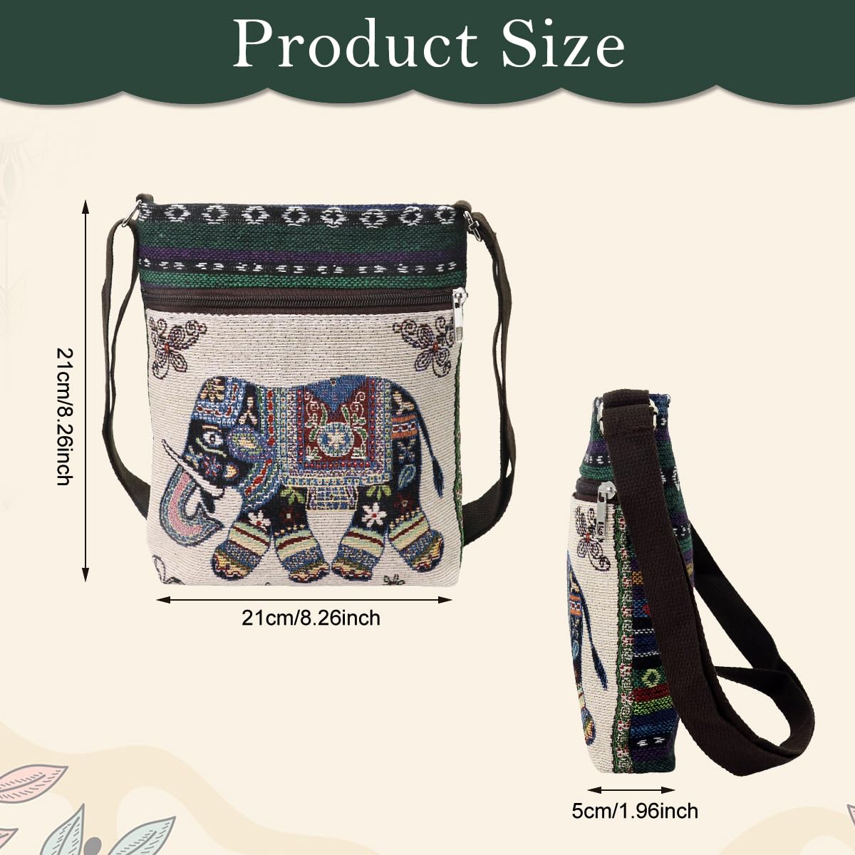 PALAY® Small Crossbody Bag for Women Boho Elephant Embroidery Canvas Shoulder Bag Sling Bag Casual Phone Bag Shoulder Bag Fashionable Canvas Shoulder Bag Travel Crossbody Bag, 23x23x5cm