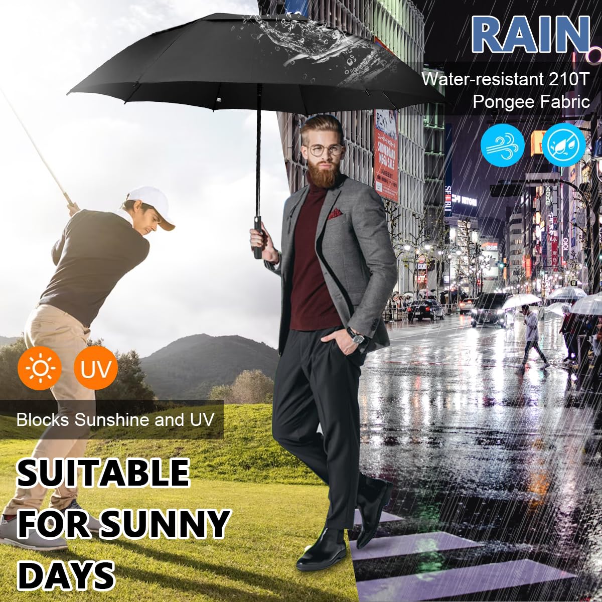 HASTHIP Big Umbrella for Men with 52 in Canopy and 8 Vent Windproof Design | Black Golf Use
