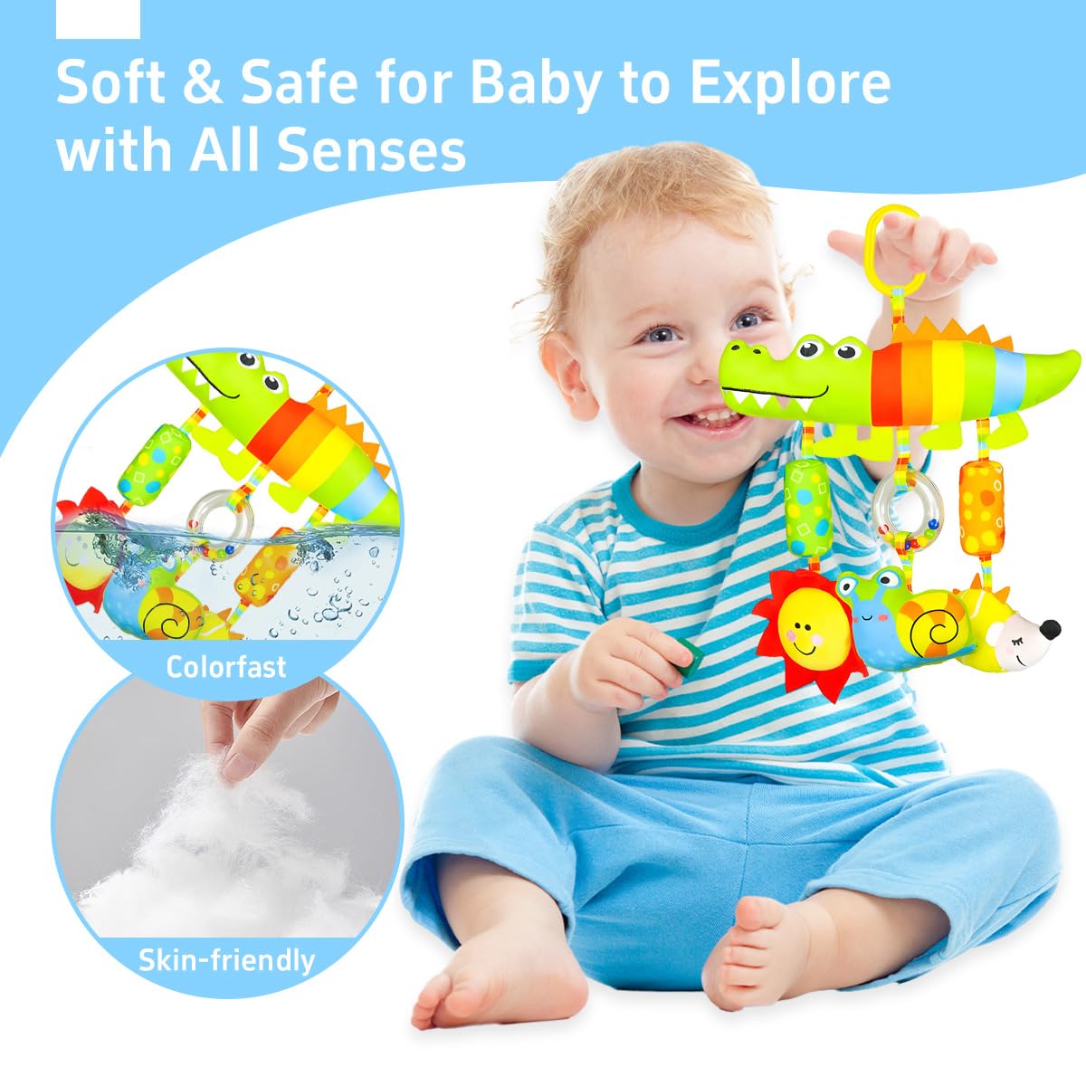 SNOWIE SOFT Baby Toys for 6 to 12 Months with Squeaky Device and Open Clasp | Soft Plush Sensory Hanging Toy for Stroller and Crib