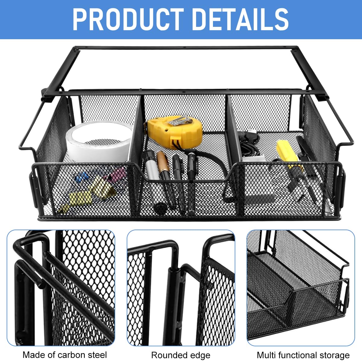 Zibuyu Under Desk Organizer for Office with Screw-Fixed Mesh Drawers 14.3 x 9.5 x 3.3 in | Space-Saving Storage Unit