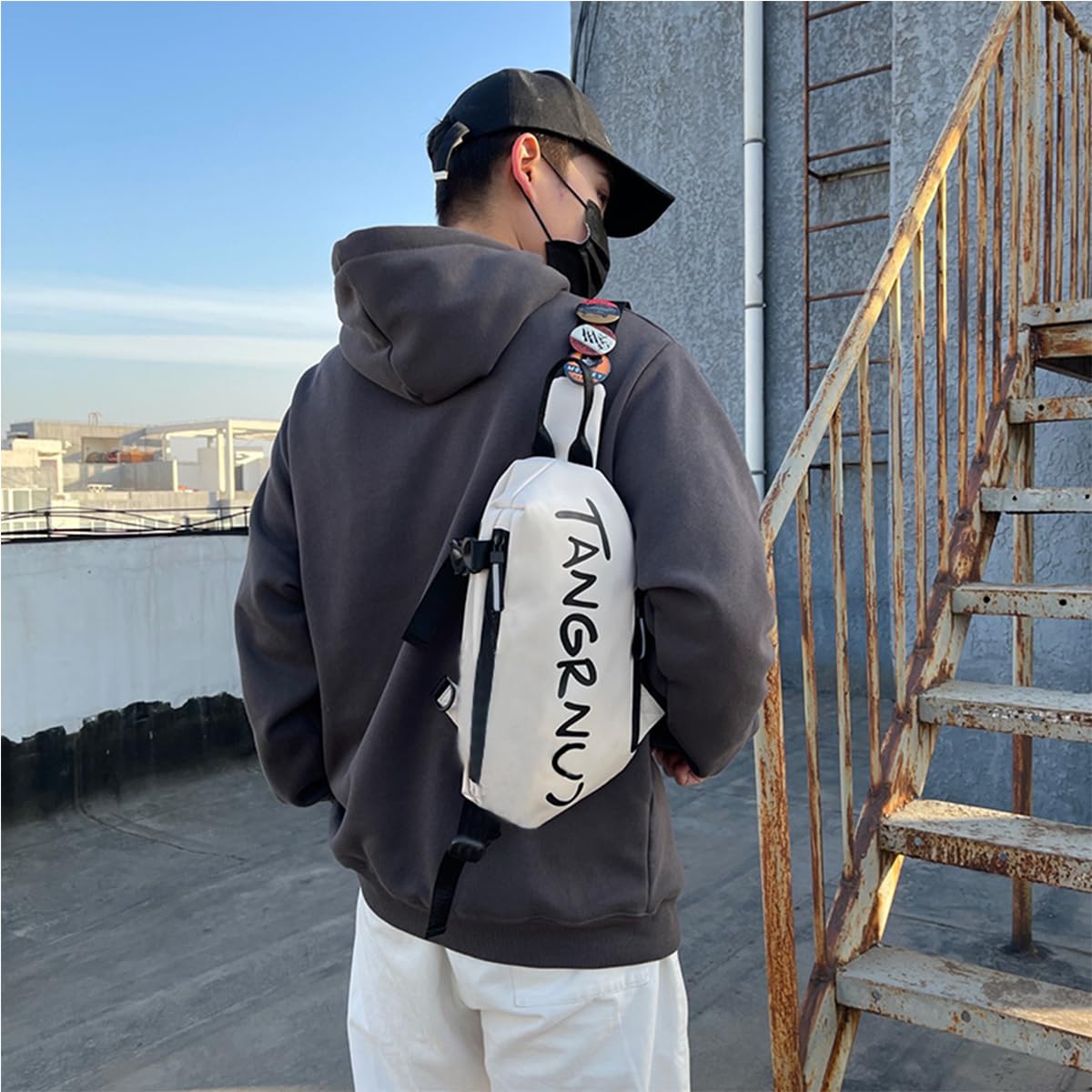 Gustave Crossbody Bag for Travel and Commuting with 9PCS Badges 13.5x5x3.5 in Nylon | Adjustable Strap for Men and Women