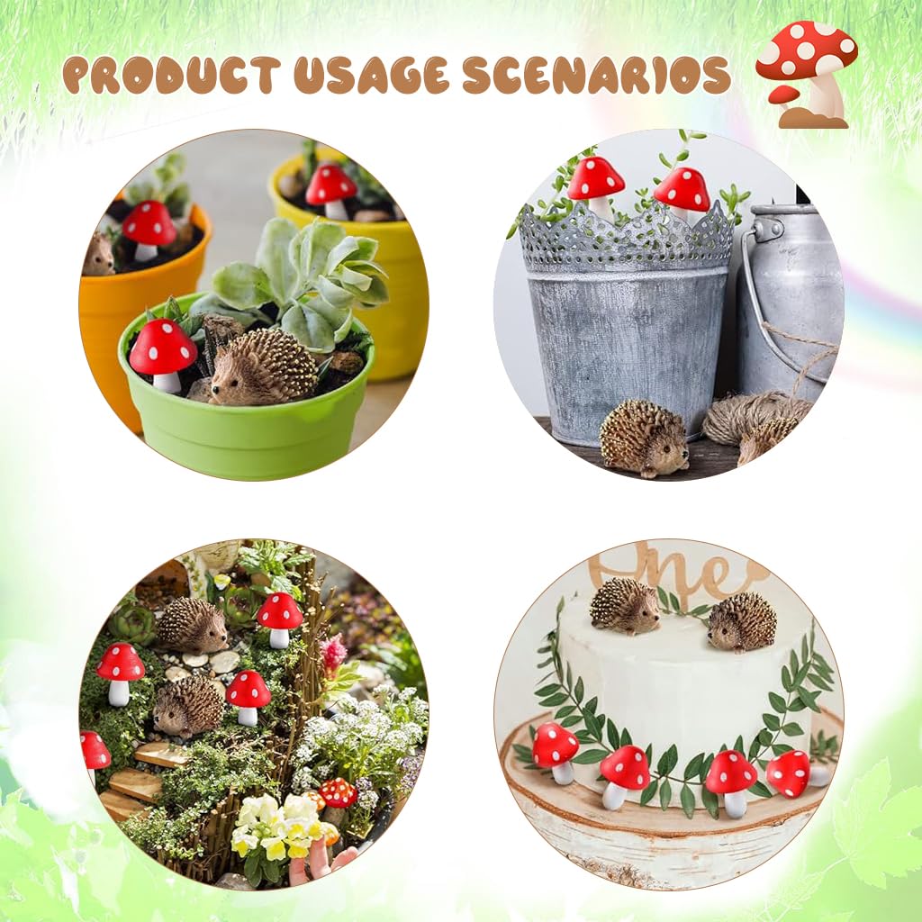 Supvox 6Pc Miniature Garden Decor - Resin Hedgehogs & Wood Mushroom - Fairy Garden Decor - Moss Landscape Miniature Decorations - Suitable for Moss Landscape, Garden Ornaments, Flower Pots, Dollhouse