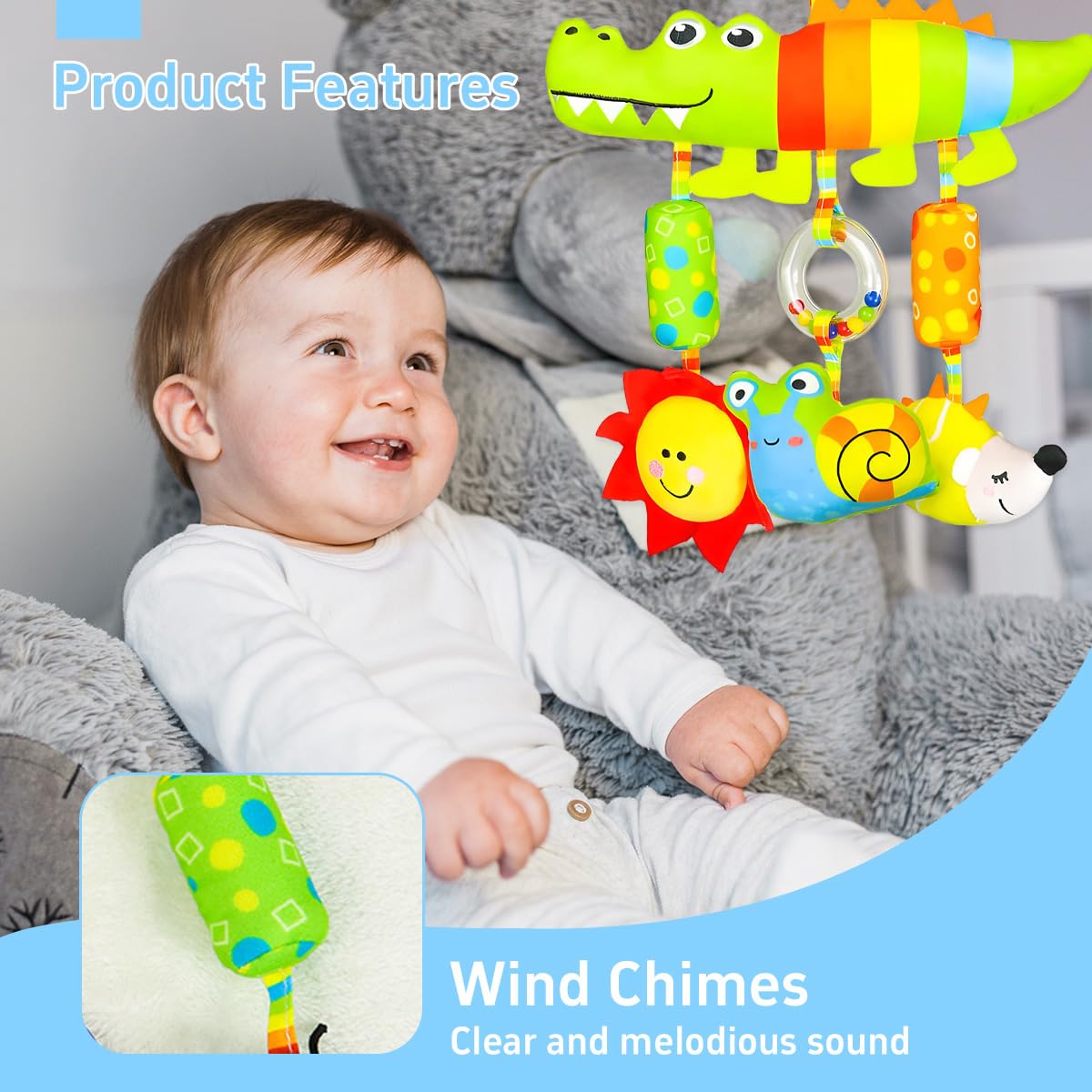 SNOWIE SOFT Baby Toys for 6 to 12 Months with Squeaky Device and Open Clasp | Soft Plush Sensory Hanging Toy for Stroller and Crib