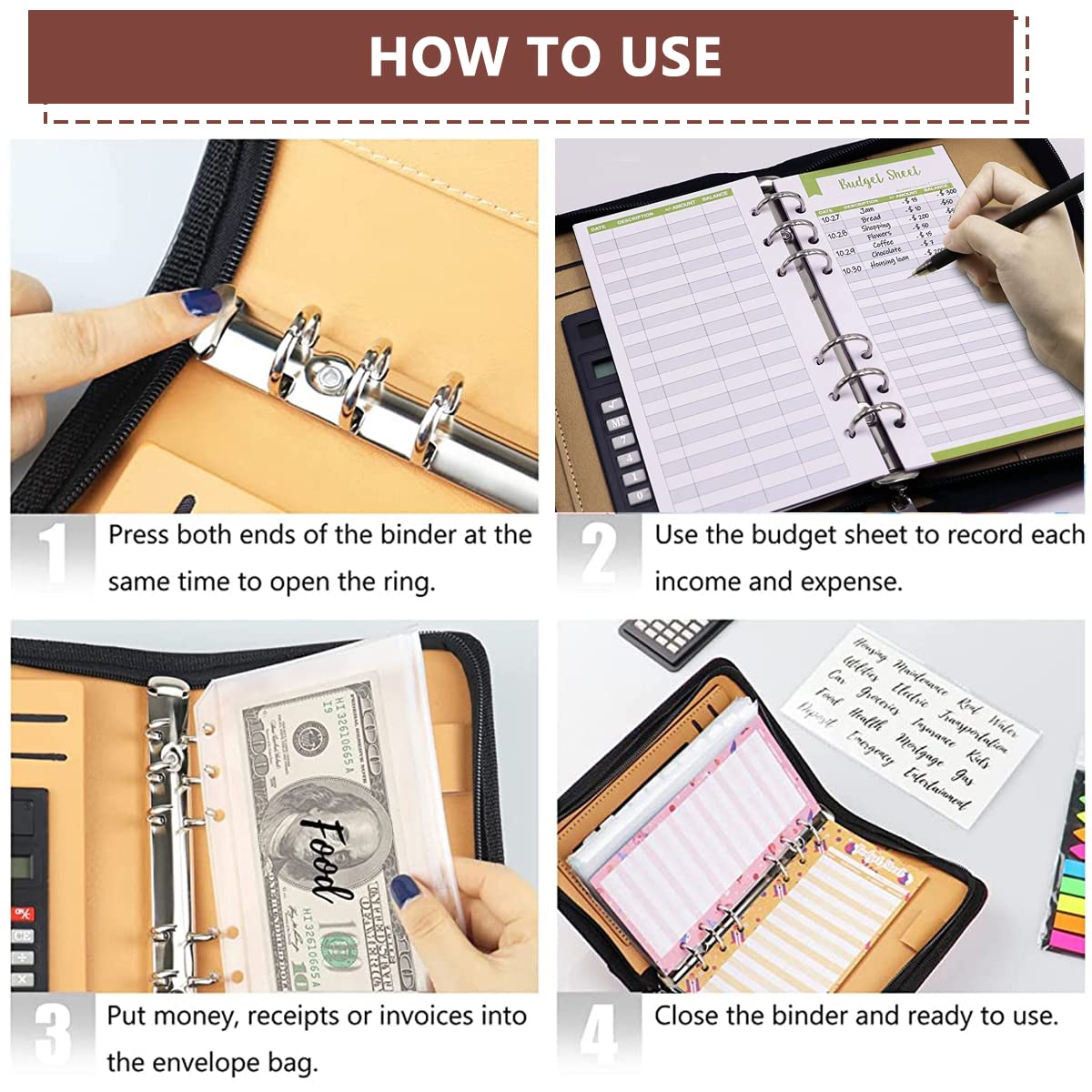 ZIBUYU Brown Leather A6 Notebook Folder for Budget Planning with 6 Ring Binder | Includes Calculator and 12 Cash Envelopes