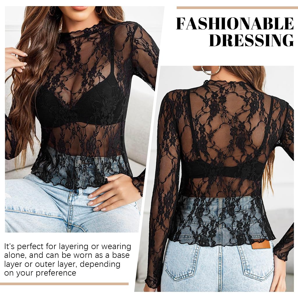 SANNIDHI Mesh Long Sleeve Top for Women featuring Floral Lace Embroidery | Sheer Mock Neck Blouse