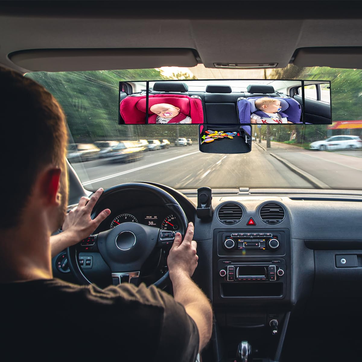 STHIRA Rear View Mirror for Car with 15 Inch HD Wide Angle and Triple Rotatable Mirrors | Easy Clip On Installation