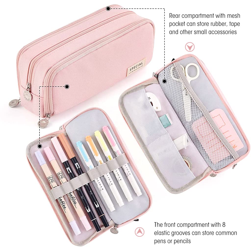 HASTHIP Pencil Case for School and Office with 3 Zippers and 21x5x9cm Capacity | Pink Multi Compartment Pouch