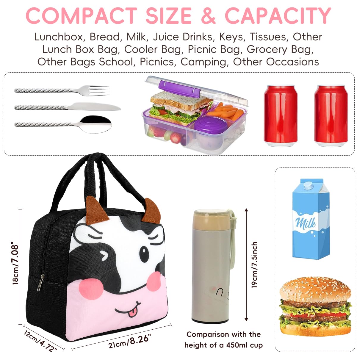 HASTHIP Lunch Bag for School and Picnic with Insulated Liner 21x12x18cm | Cartoon Fabric Design