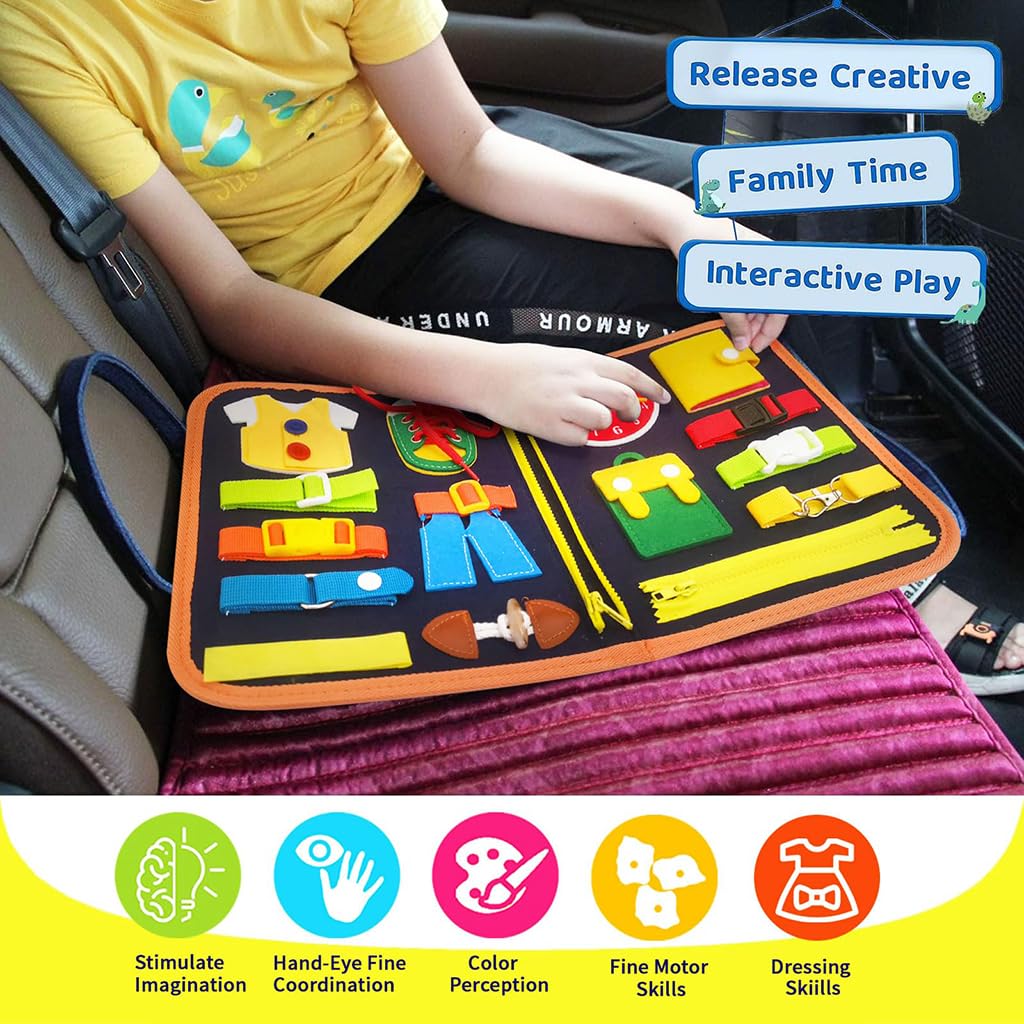ZIBUYU Busy Board for Toddlers with 8 Pages and 25 Activities featuring Soft Felt Material | Montessori Travel Sensory Toy
