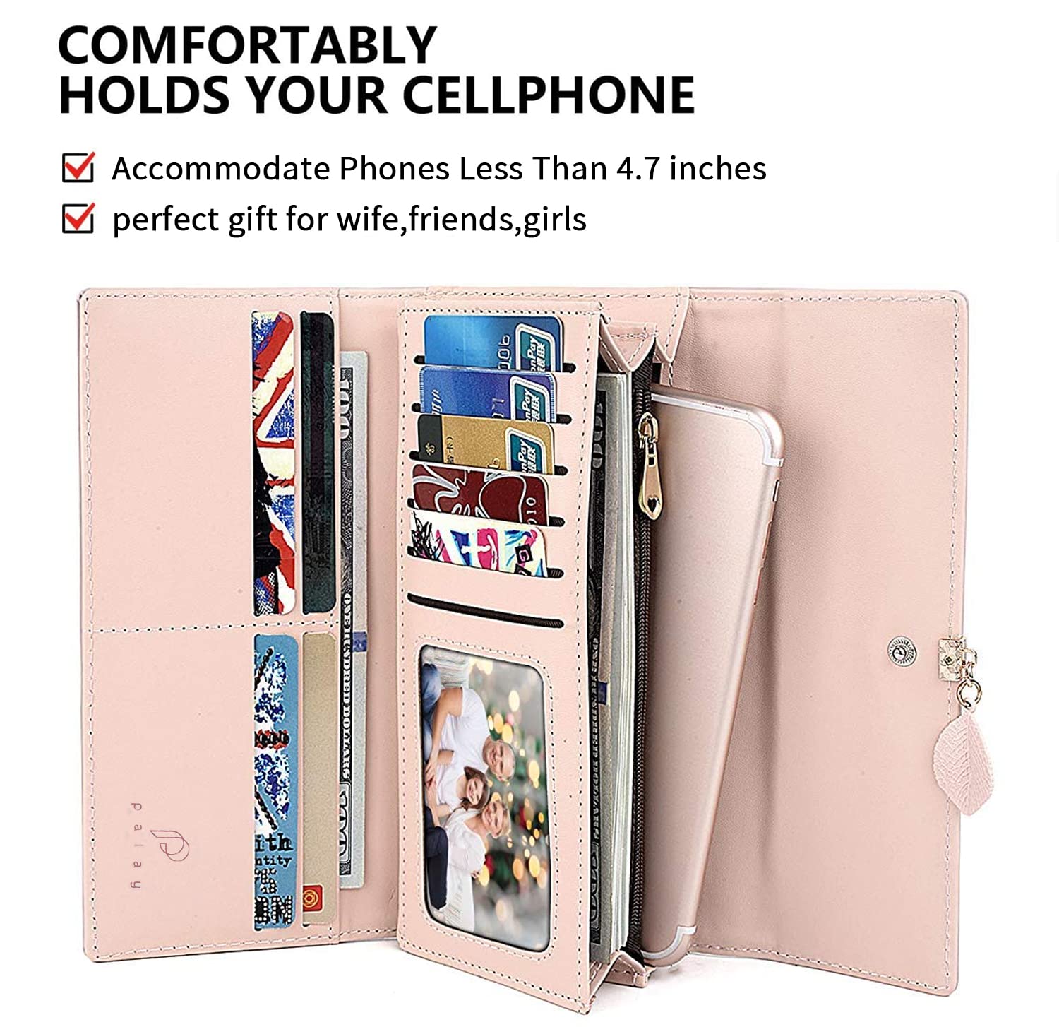 PALAY Womens PU Leather Long Wallet with Leaf Pendant and Zipper Coin Purse 7.48x3.7x0.82 in