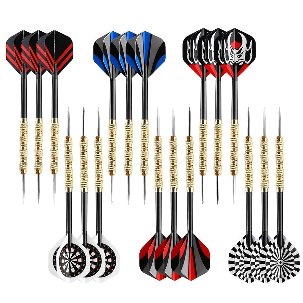 Proberos® 18Pcs Fancy Darts Steel Tip Darts 6 Unique Fins Flight Designs 18g Weighted Copper Plated Metal Darts for Dartboard Dart Throwing Game Accessories Gift for Players