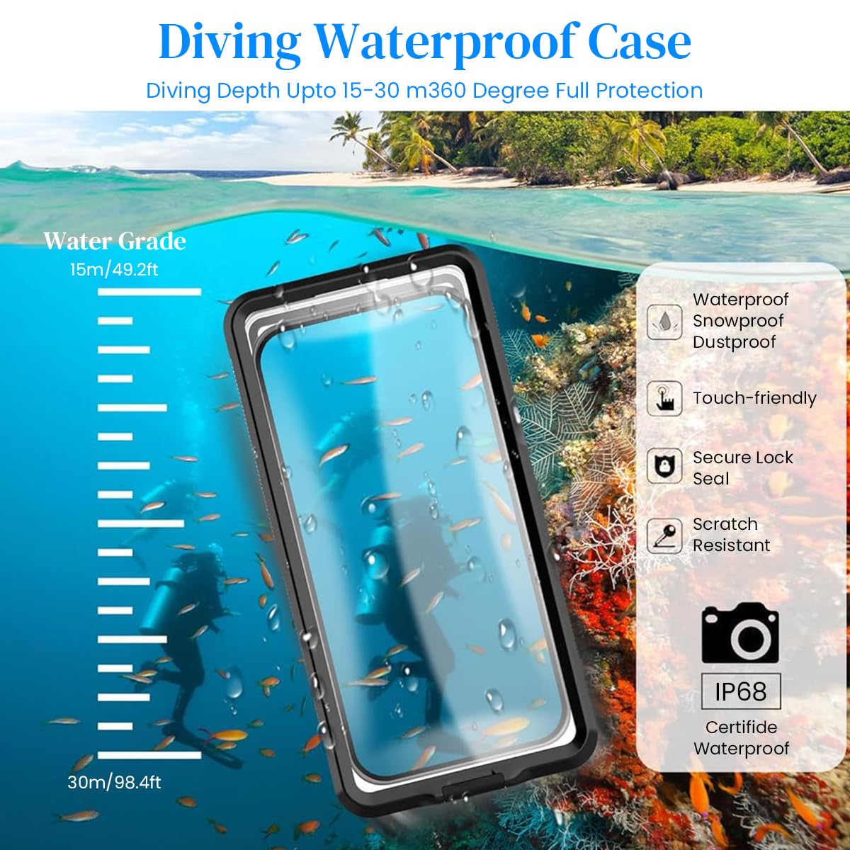 ZORBES Phone Case with IP68 Waterproof Protection for 15–30 m Depth and Self‑Check Seal | Clear Camera Window & Touch Screen Support