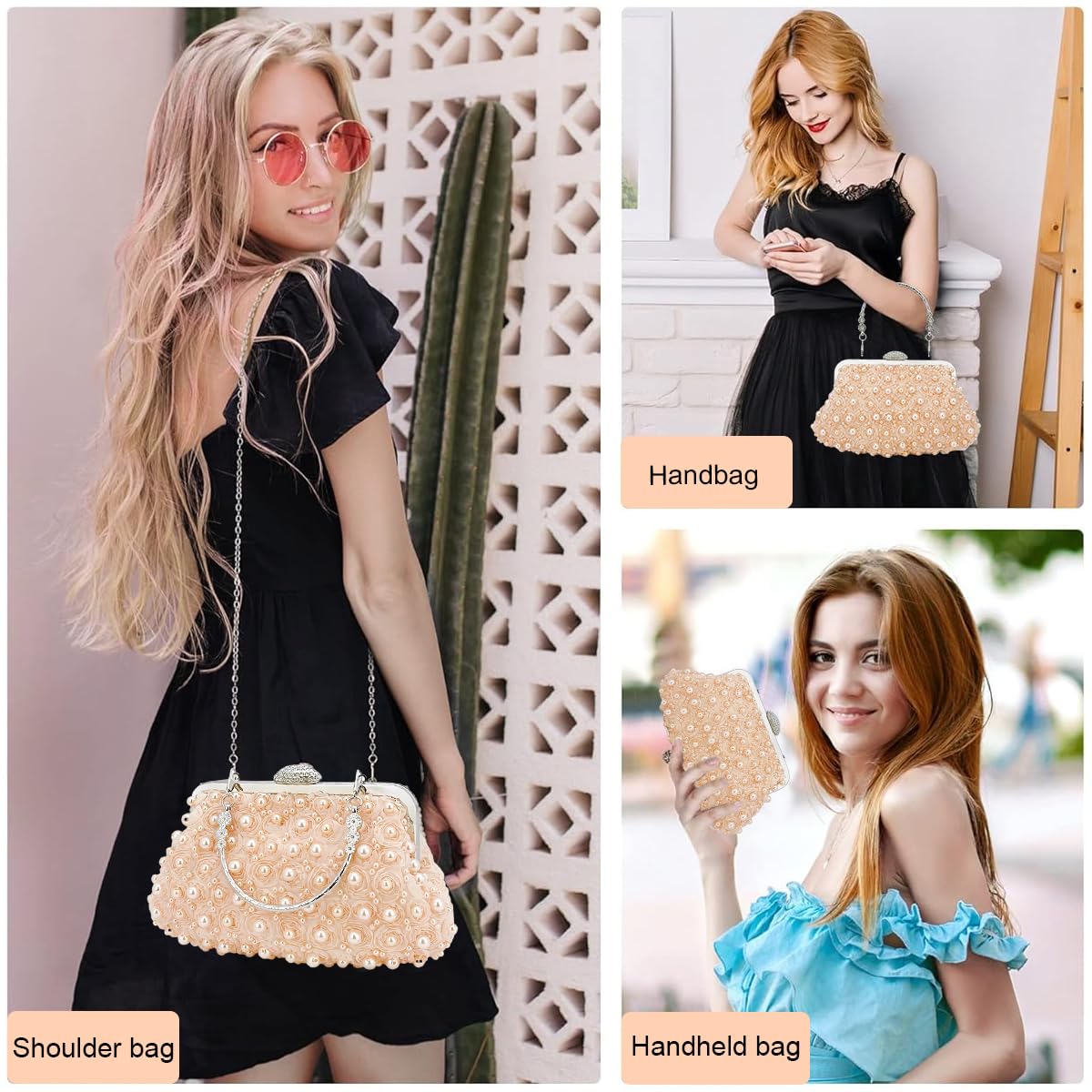 PALAY Evening Bag for Women with Pearl Rose Decoration and Detachable Metal Handle | Apricot Clutch for Party and Prom