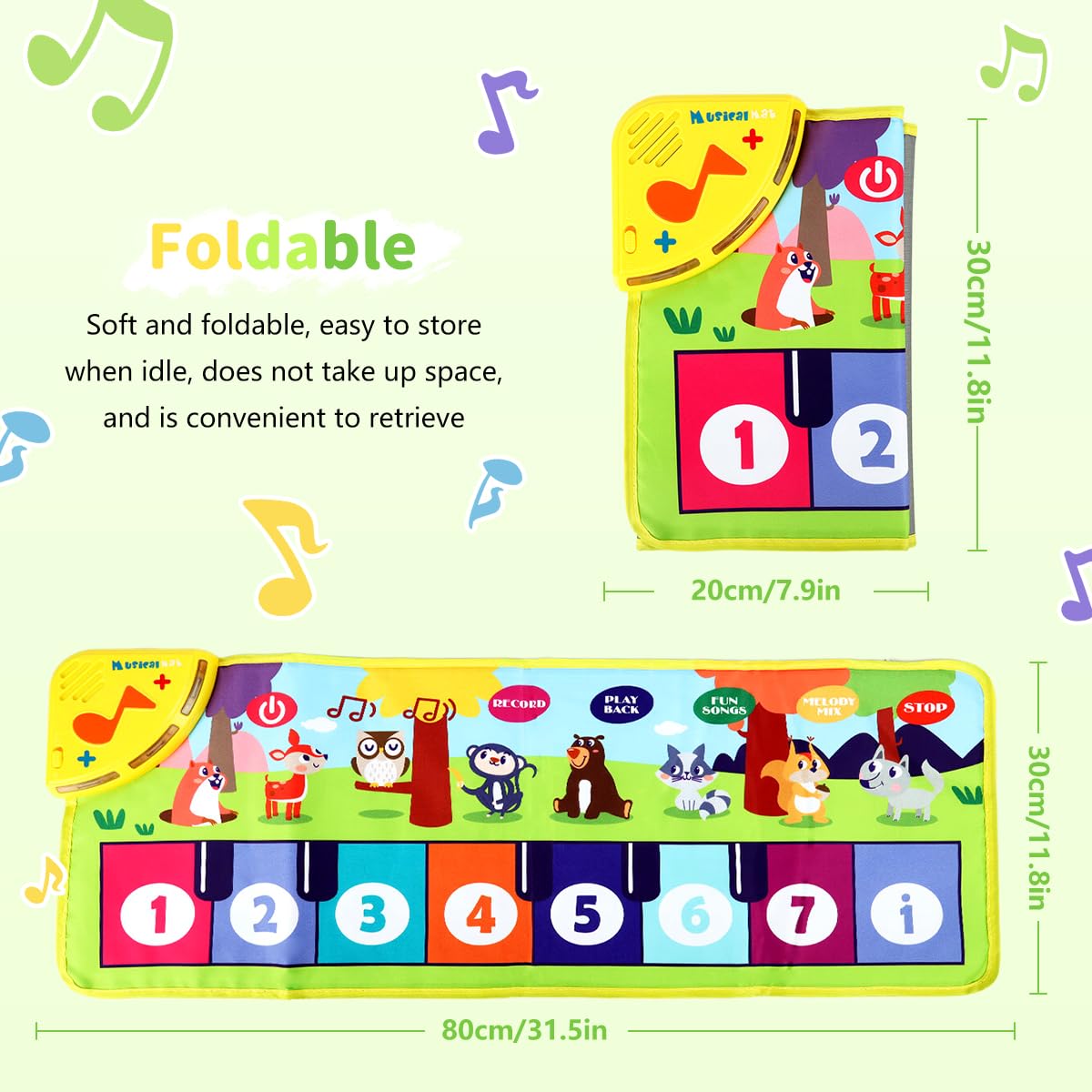 PATPAT Animals Piano Keyboard Musical Mat for Kids with 6 Modes and 31.5×11.81 in Size | Waterproof Polyester Play Toy