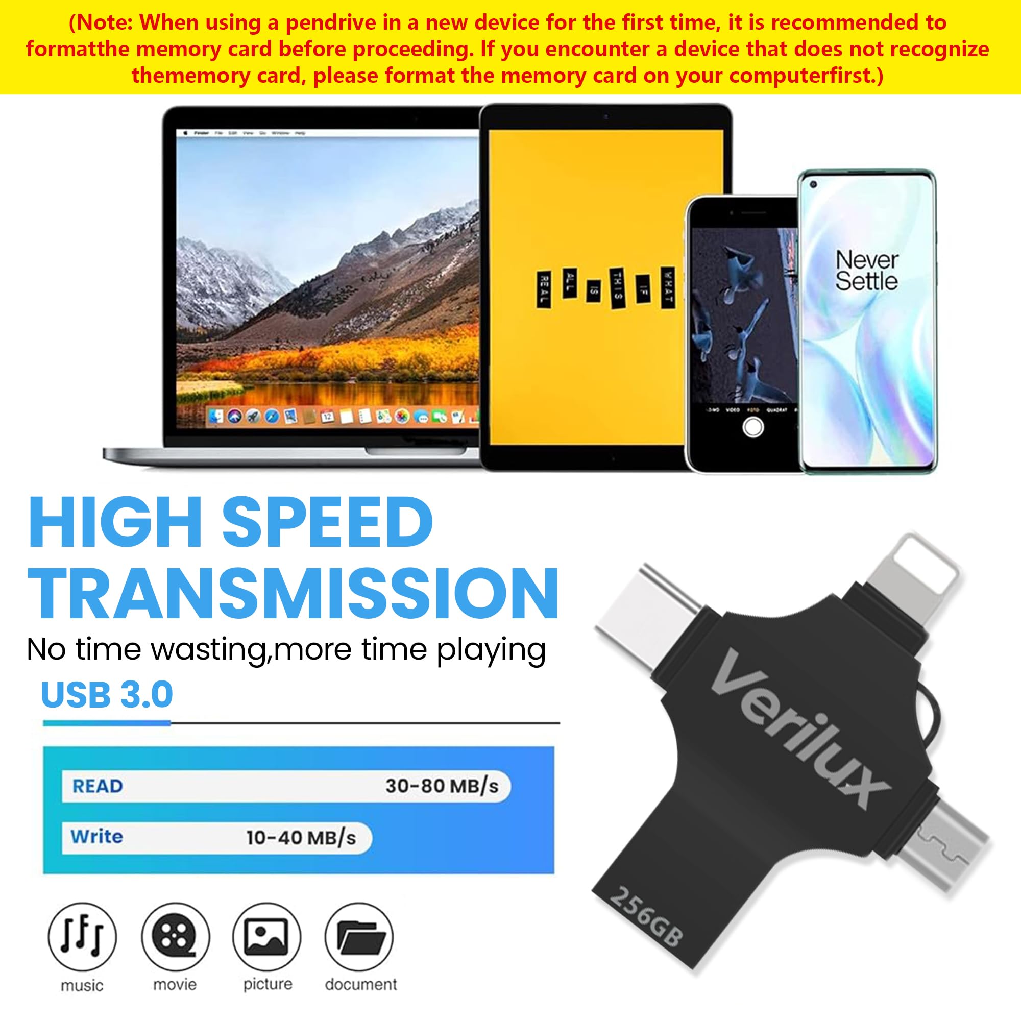 Verilux Pendrive 256GB for iPhone and Android featuring 4 in 1 USB A Type C ports | Black