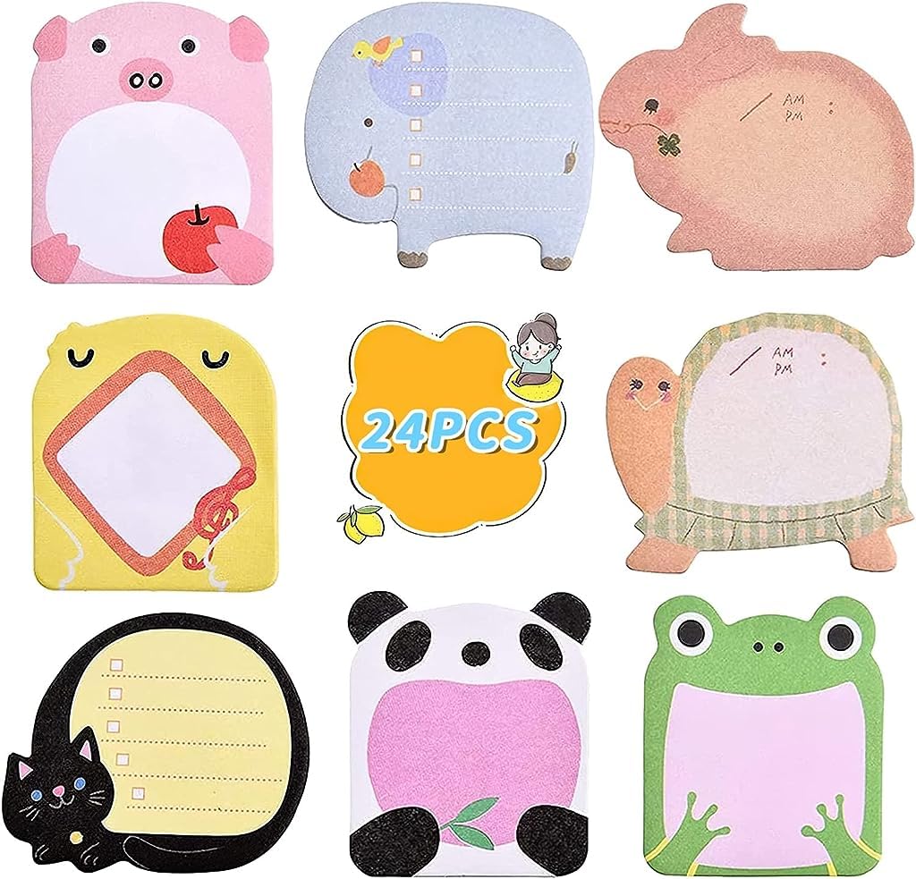 HASTHIP® 24 Pack Sticky Notes, Cute Sticky Notes, 8 Cartoon Patterns Sticky Notes Set for Party Bags Animal Designs Party Bag Fillers for Kids, Sticky Notes Pad for Students, Office Staffs