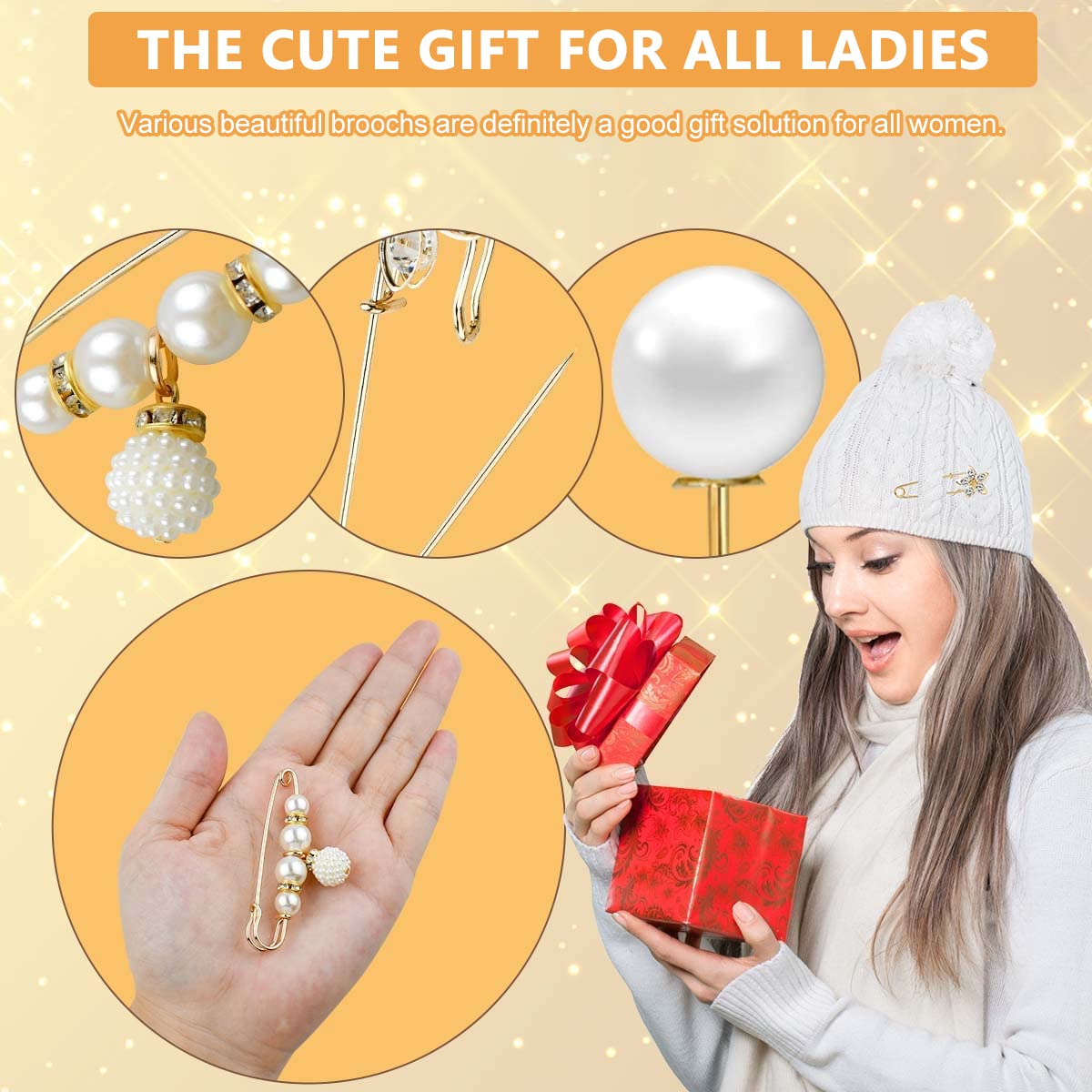 SANNIDHI Pearl Brooch Safety Pins for Women with Alloy and Rhinestone Design | 17 Pieces