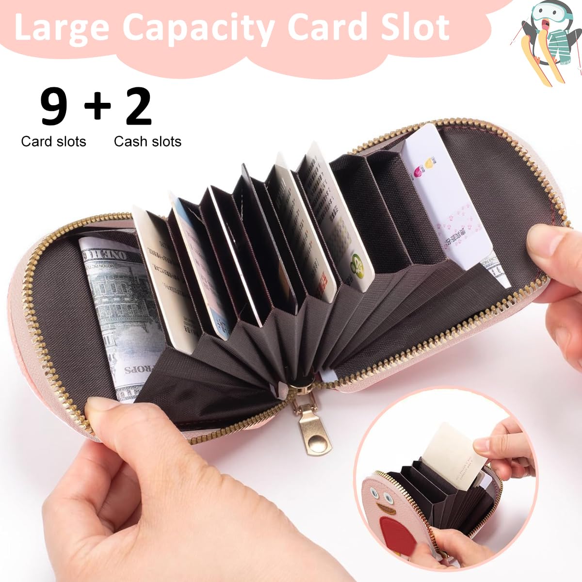 PALAY Girls Card Bag for Travel and Daily Use with 10 Compartments and RFID Blocking | Pink Cartoon Penguin PU Wallet Organizer
